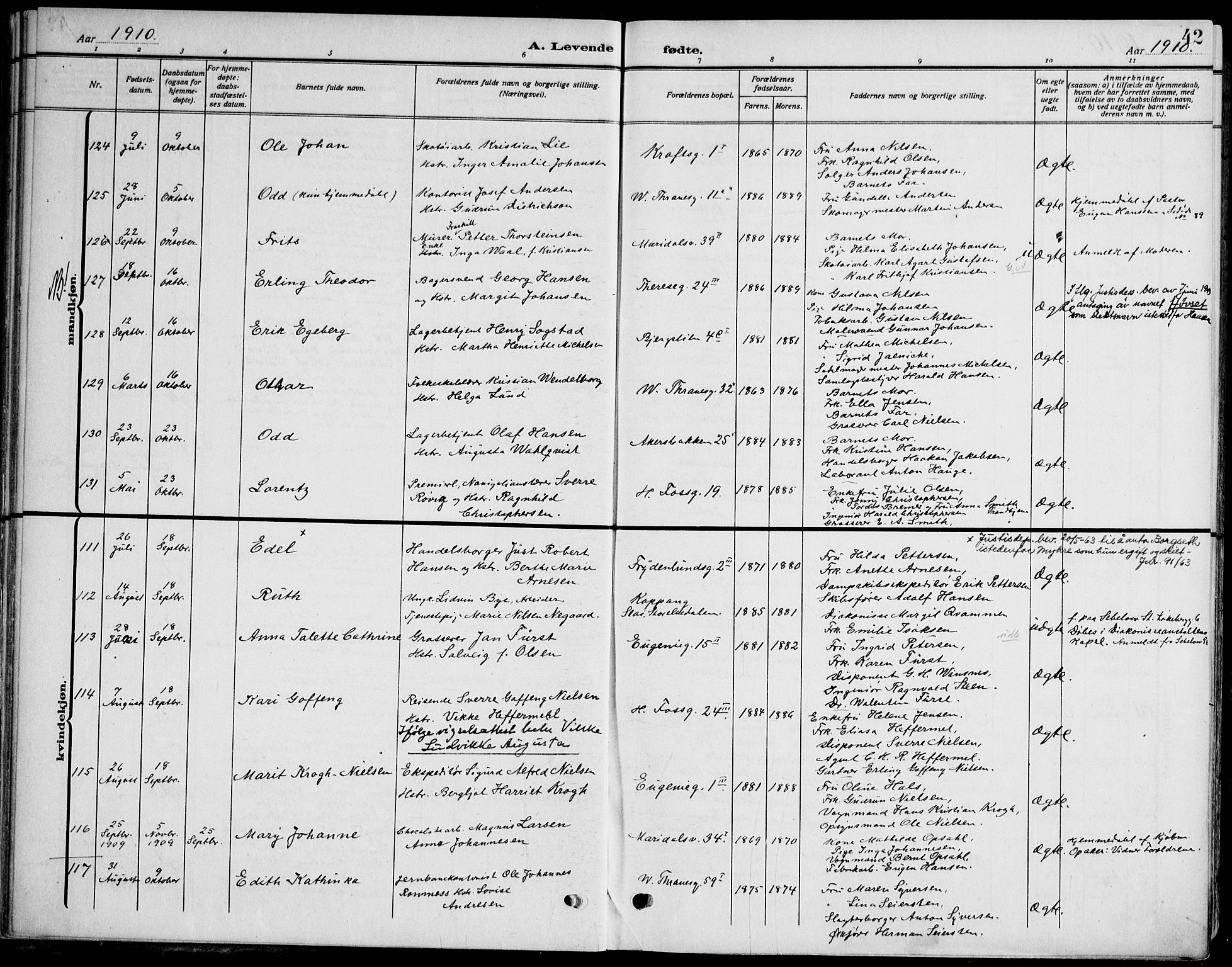 Gamle Aker prestekontor Kirkebøker, AV/SAO-A-10617a/F/L0014: Parish register (official) no. 14, 1909-1924, p. 42
