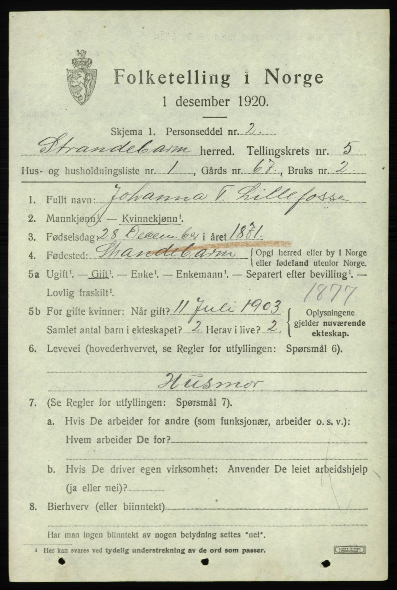 SAB, 1920 census for Strandebarm, 1920, p. 3770