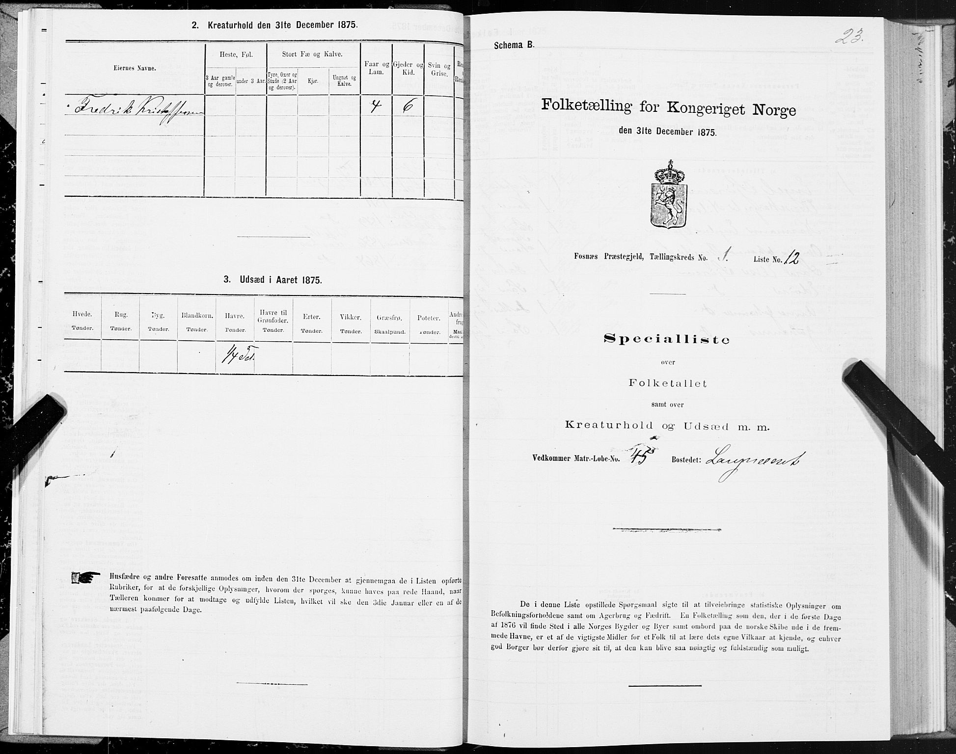 SAT, 1875 census for 1748P Fosnes, 1875, p. 3023