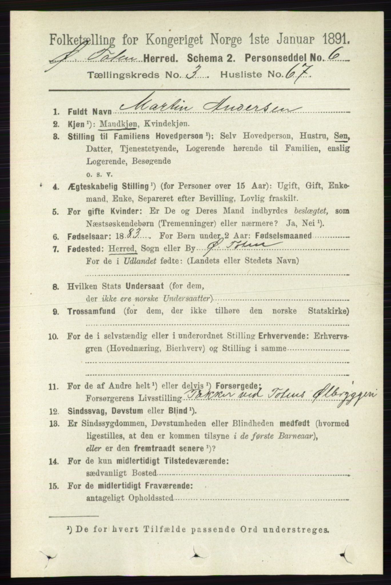 RA, 1891 census for 0528 Østre Toten, 1891, p. 1955