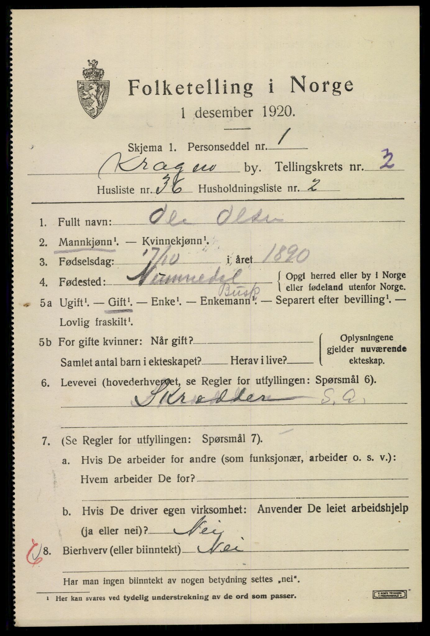SAKO, 1920 census for Kragerø, 1920, p. 5783