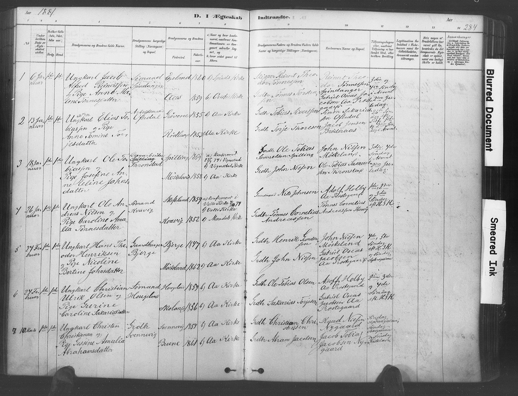 Lyngdal sokneprestkontor, AV/SAK-1111-0029/F/Fa/Fac/L0011: Parish register (official) no. A 11, 1878-1893, p. 284