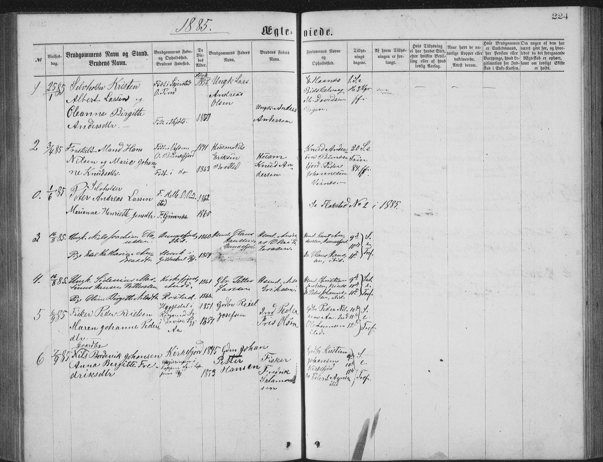 Ministerialprotokoller, klokkerbøker og fødselsregistre - Nordland, AV/SAT-A-1459/886/L1225: Parish register (copy) no. 886C02, 1874-1896, p. 224