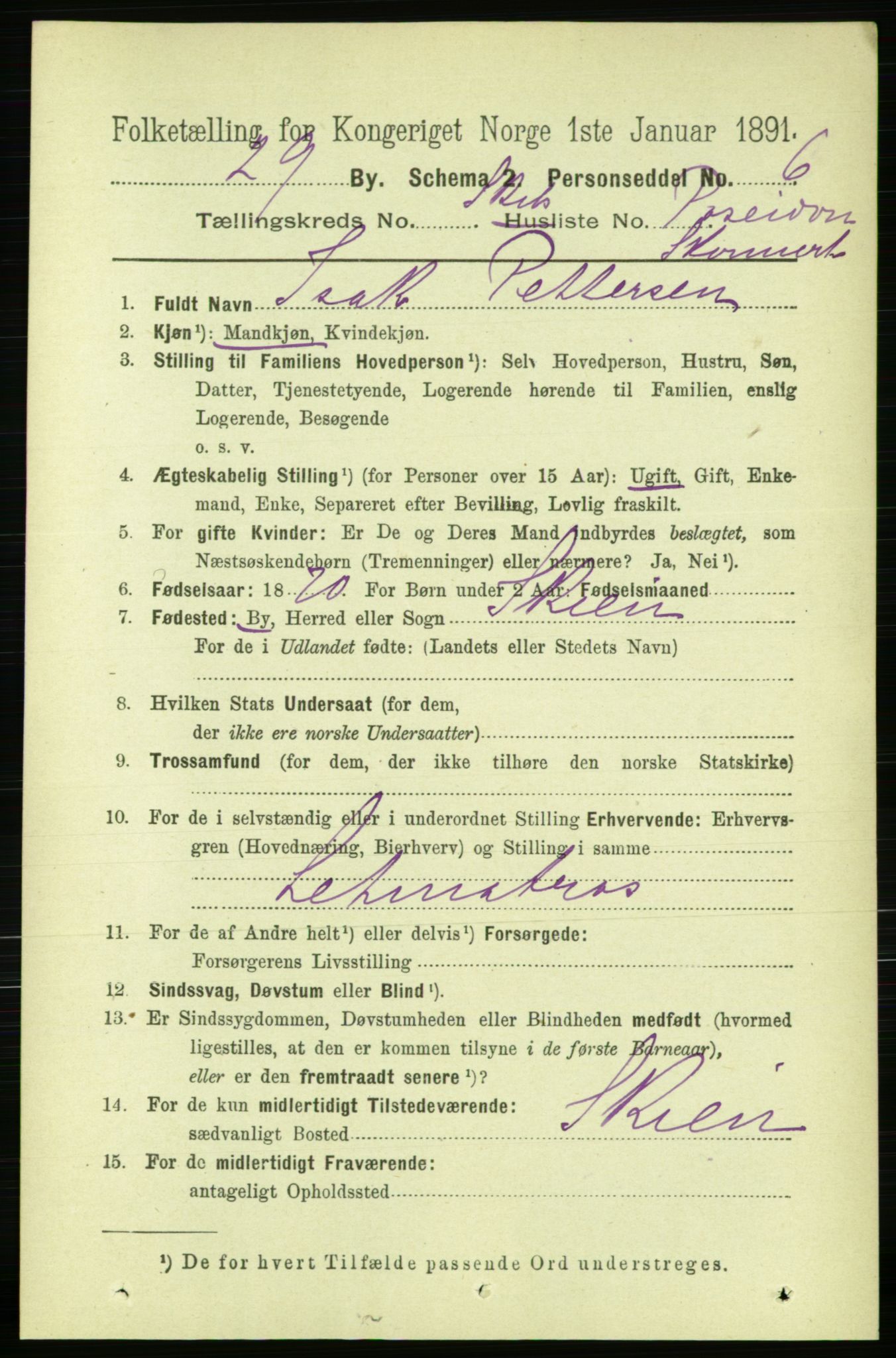 RA, 1891 census for 0805 Porsgrunn, 1891, p. 5455