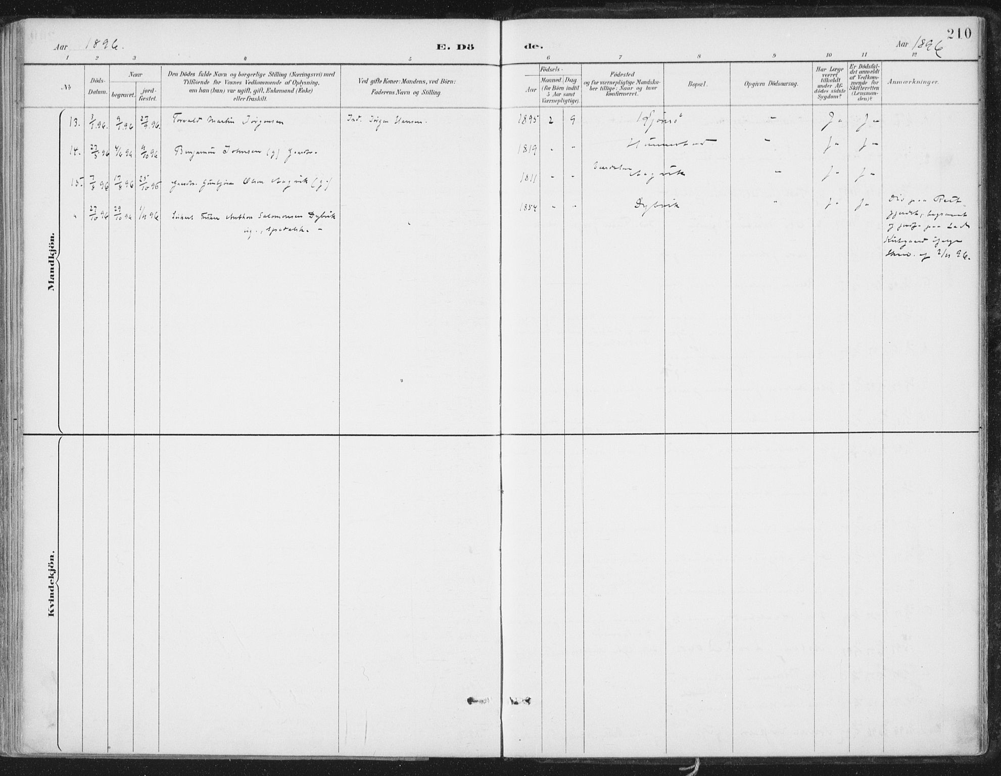 Ministerialprotokoller, klokkerbøker og fødselsregistre - Nord-Trøndelag, SAT/A-1458/786/L0687: Parish register (official) no. 786A03, 1888-1898, p. 210