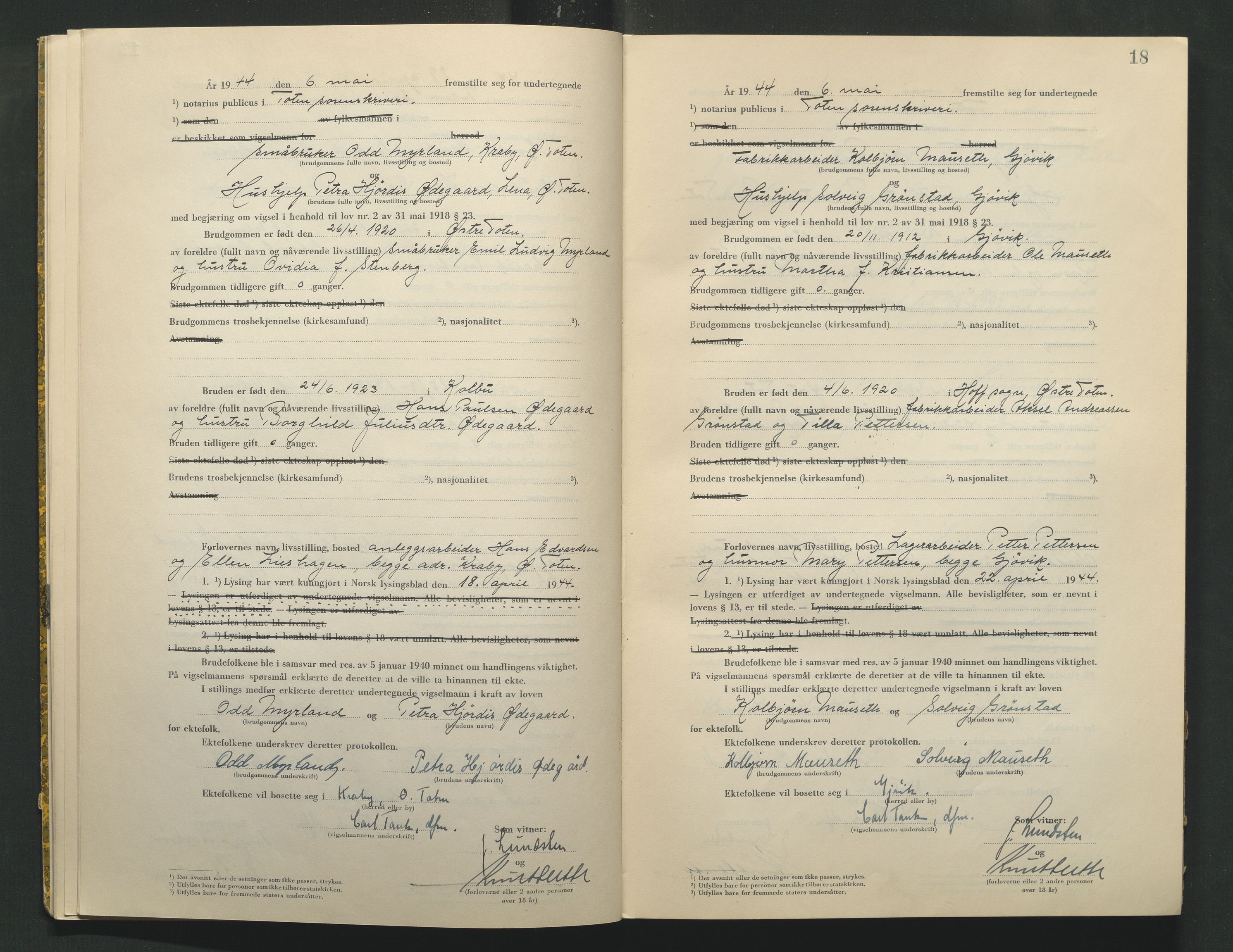 Toten tingrett, AV/SAH-TING-006/L/Lc/L0004: Vigselbok, 1944, p. 18