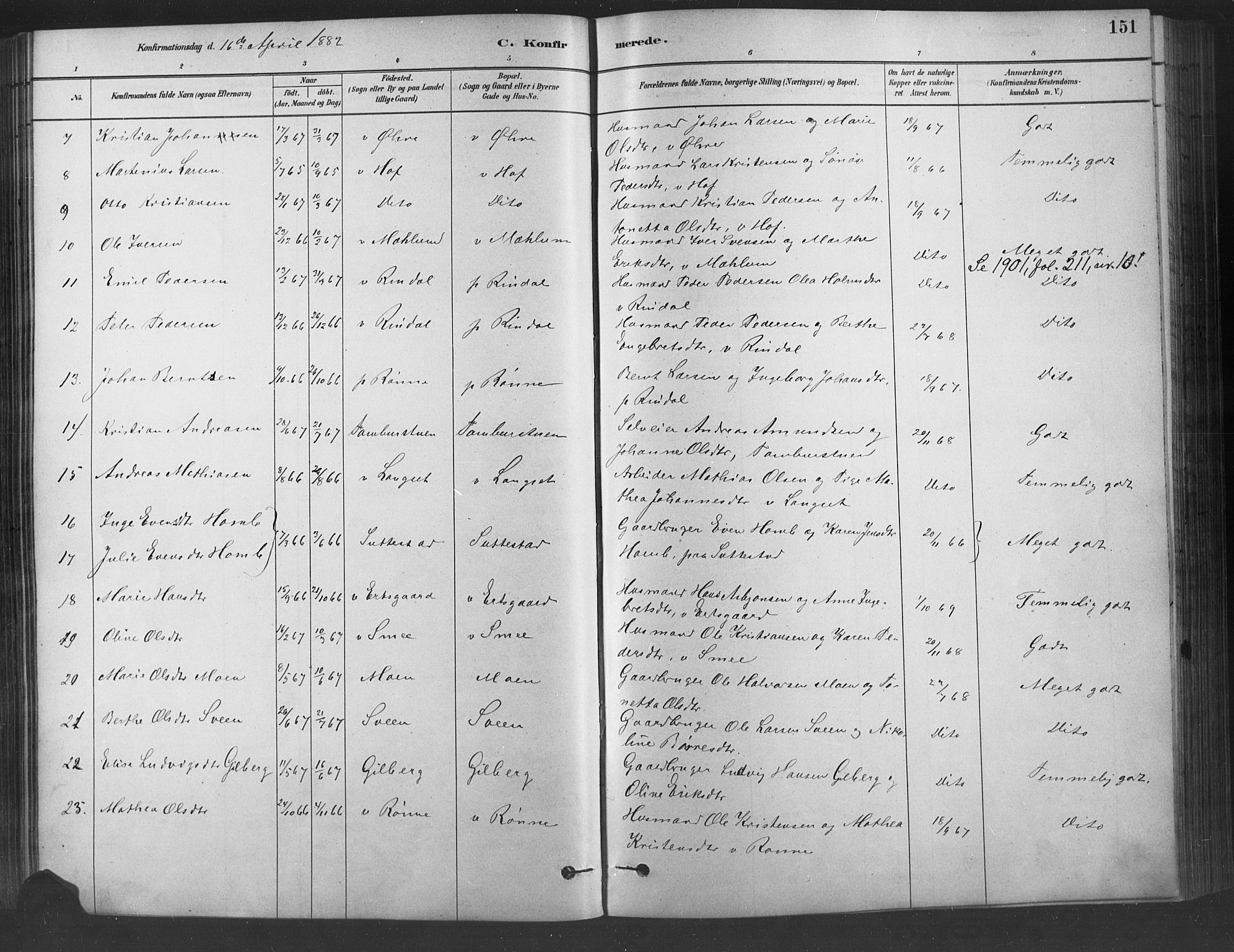 Fåberg prestekontor, AV/SAH-PREST-086/H/Ha/Haa/L0009: Parish register (official) no. 9, 1879-1898, p. 151