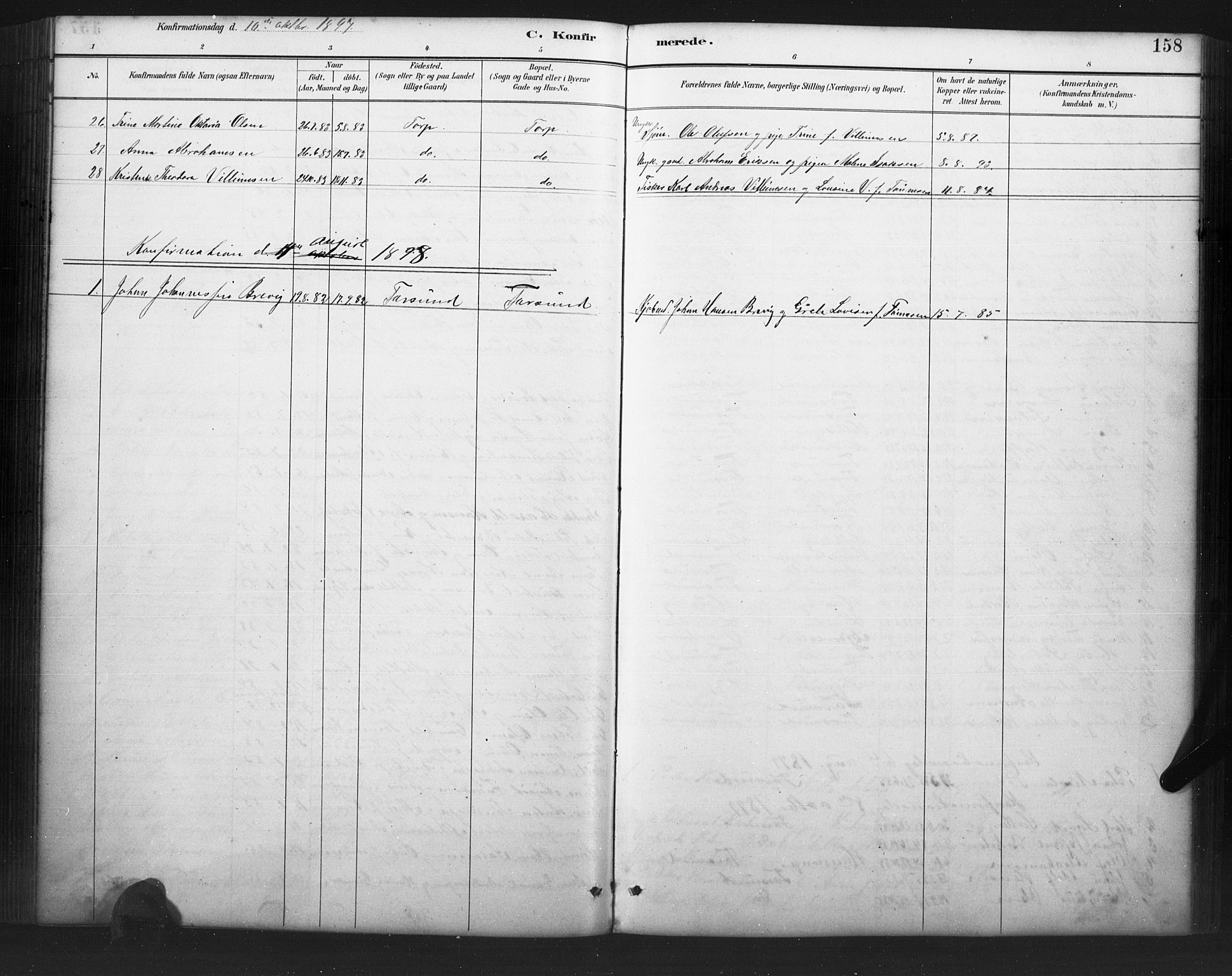 Farsund sokneprestkontor, AV/SAK-1111-0009/F/Fb/L0001: Parish register (copy) no. B 1, 1886-1931, p. 158