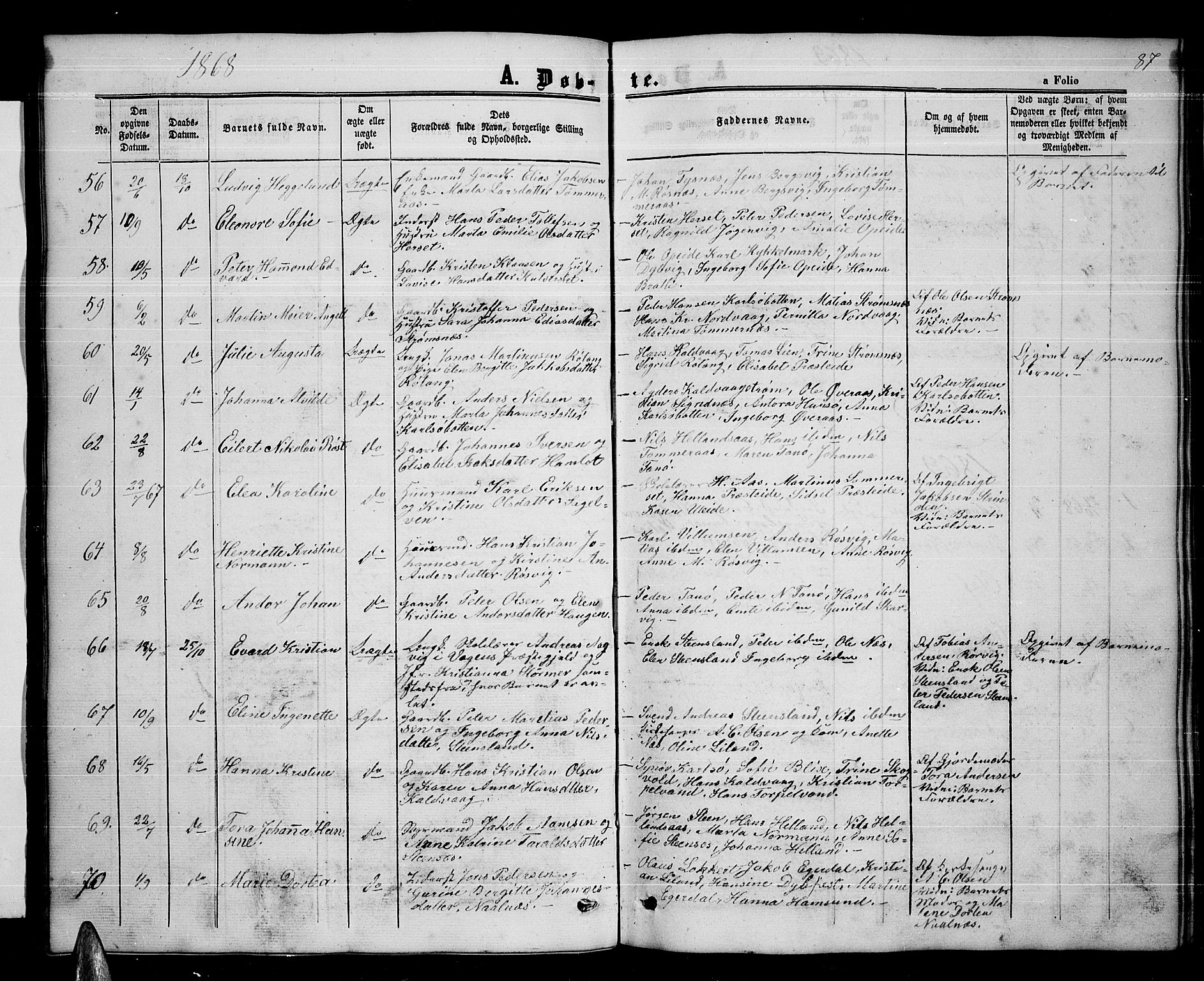 Ministerialprotokoller, klokkerbøker og fødselsregistre - Nordland, AV/SAT-A-1459/859/L0857: Parish register (copy) no. 859C03, 1854-1873, p. 87