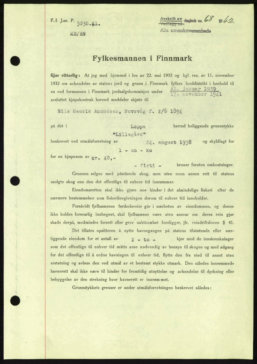 Alta fogderi/sorenskriveri, SATØ/SATØ-5/1/K/Kd/L0033pantebok: Mortgage book no. 33, 1940-1943, Diary no: : 68/1942