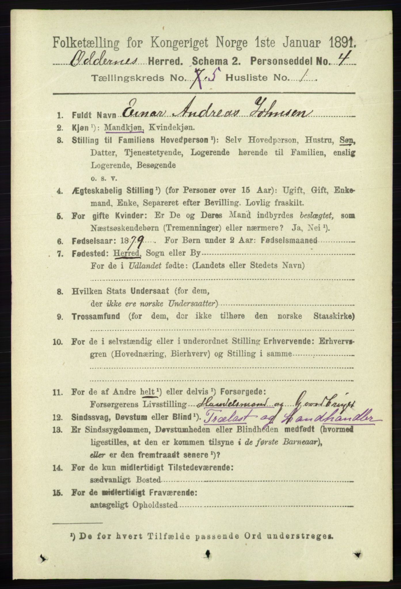 RA, 1891 census for 1012 Oddernes, 1891, p. 1771