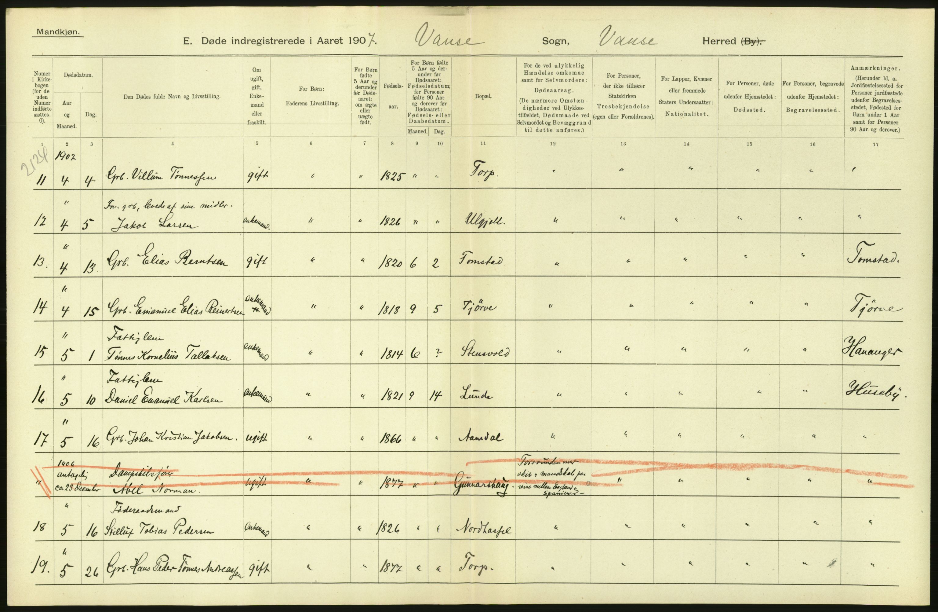 Statistisk sentralbyrå, Sosiodemografiske emner, Befolkning, AV/RA-S-2228/D/Df/Dfa/Dfae/L0023: Lister og Mandals amt: Gifte, døde, dødfødte. Bygder og byer., 1907, p. 282