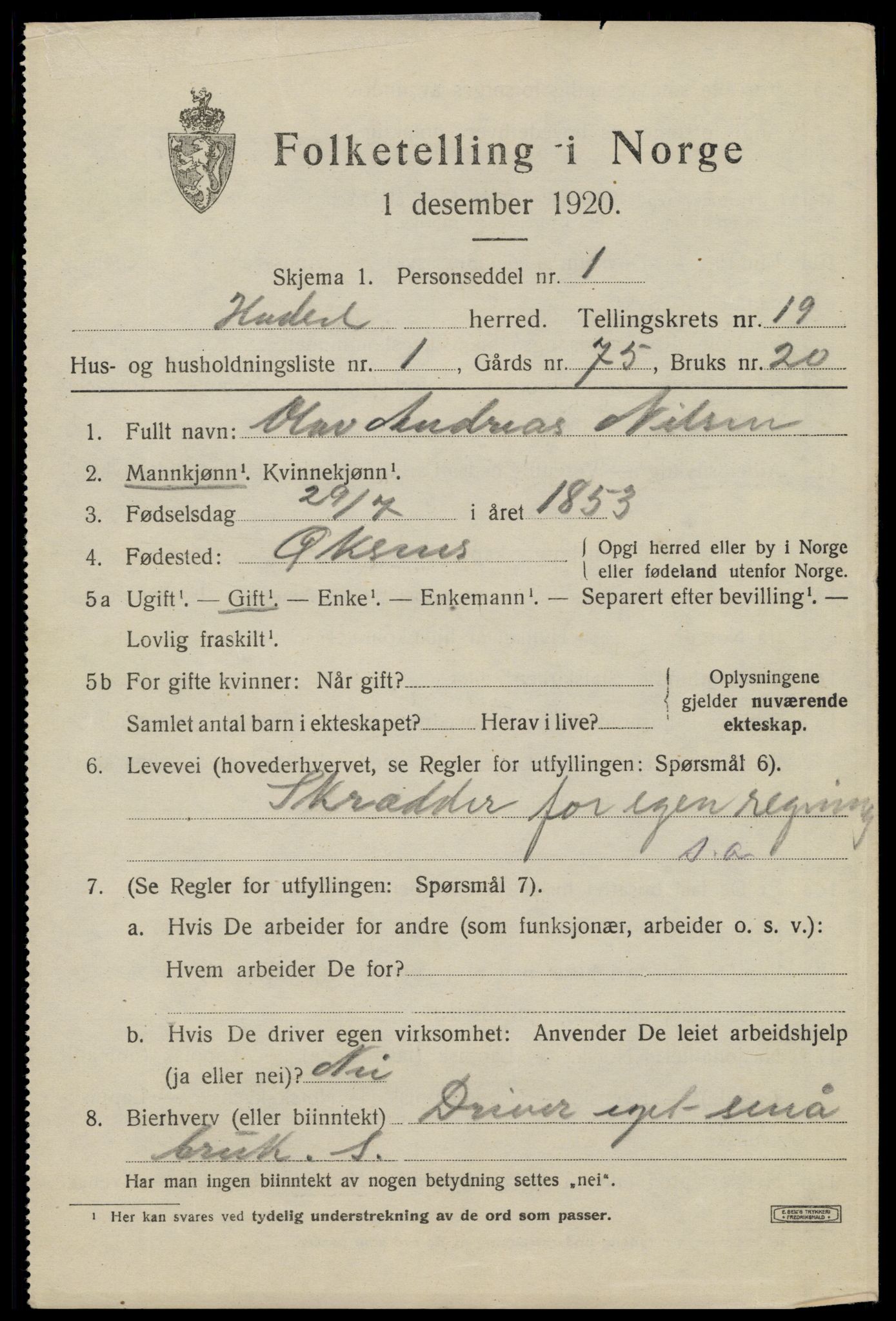 SAT, 1920 census for Hadsel, 1920, p. 17138
