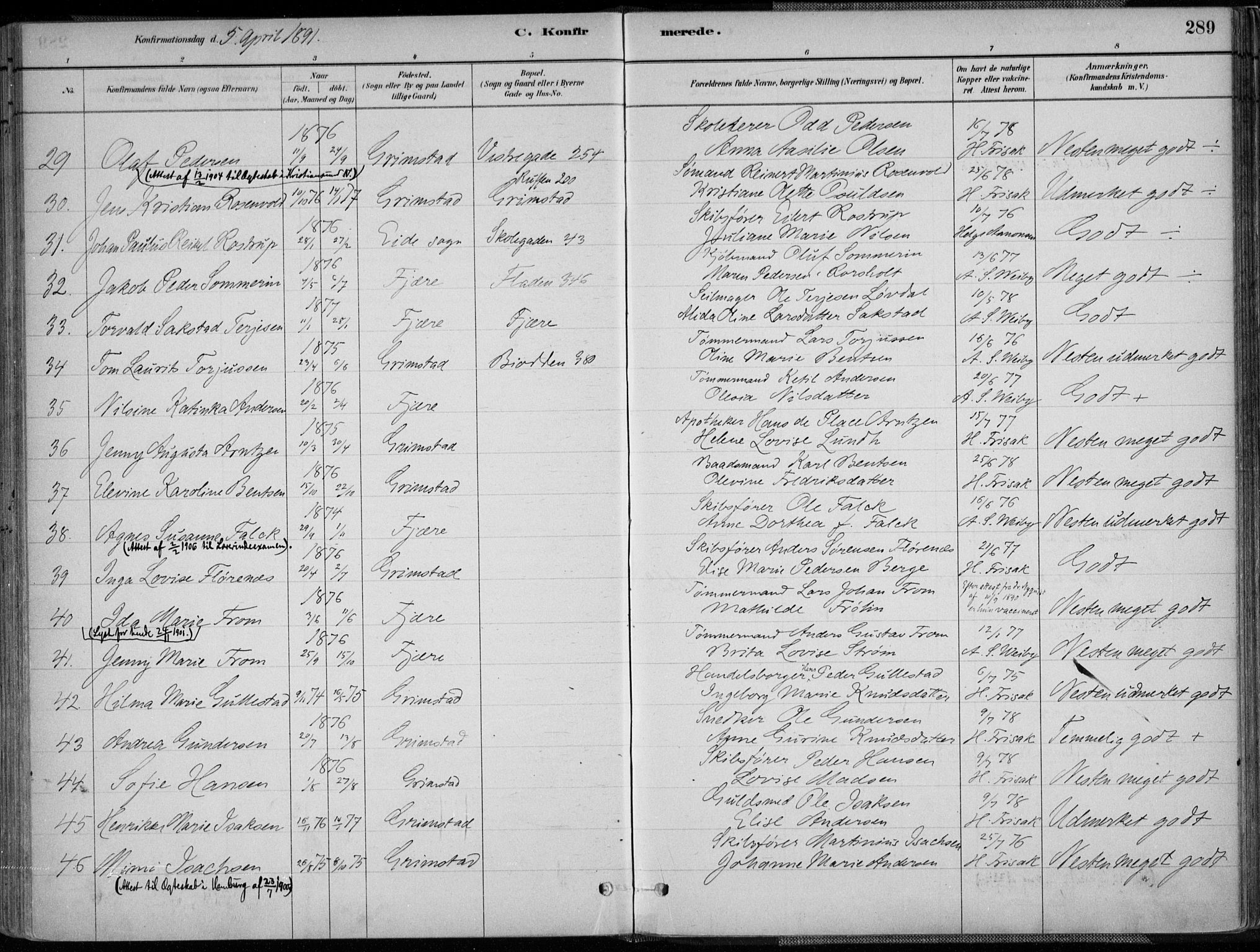 Grimstad sokneprestkontor, AV/SAK-1111-0017/F/Fa/L0003: Parish register (official) no. A 2, 1882-1912, p. 289