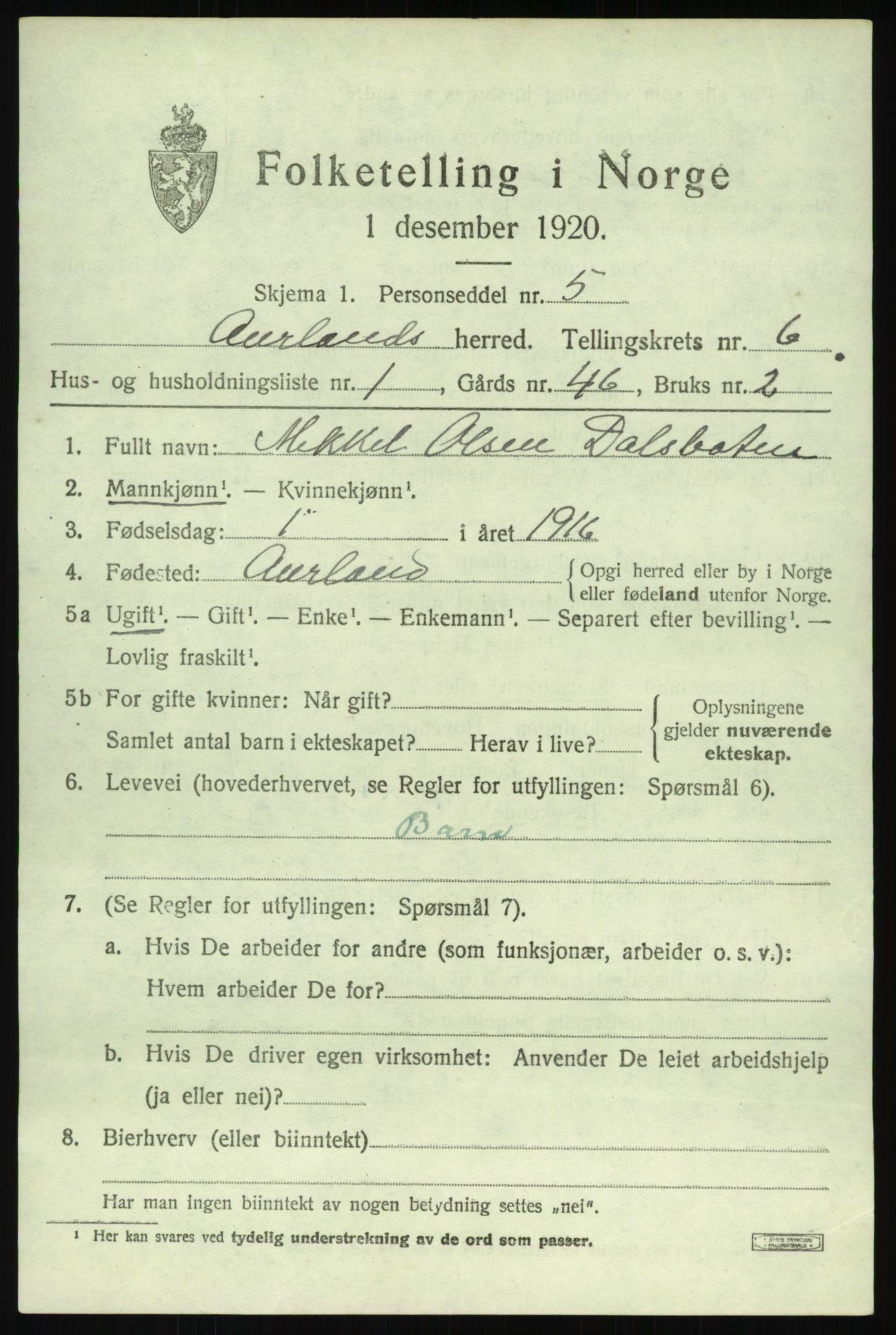 SAB, 1920 census for Aurland, 1920, p. 3874