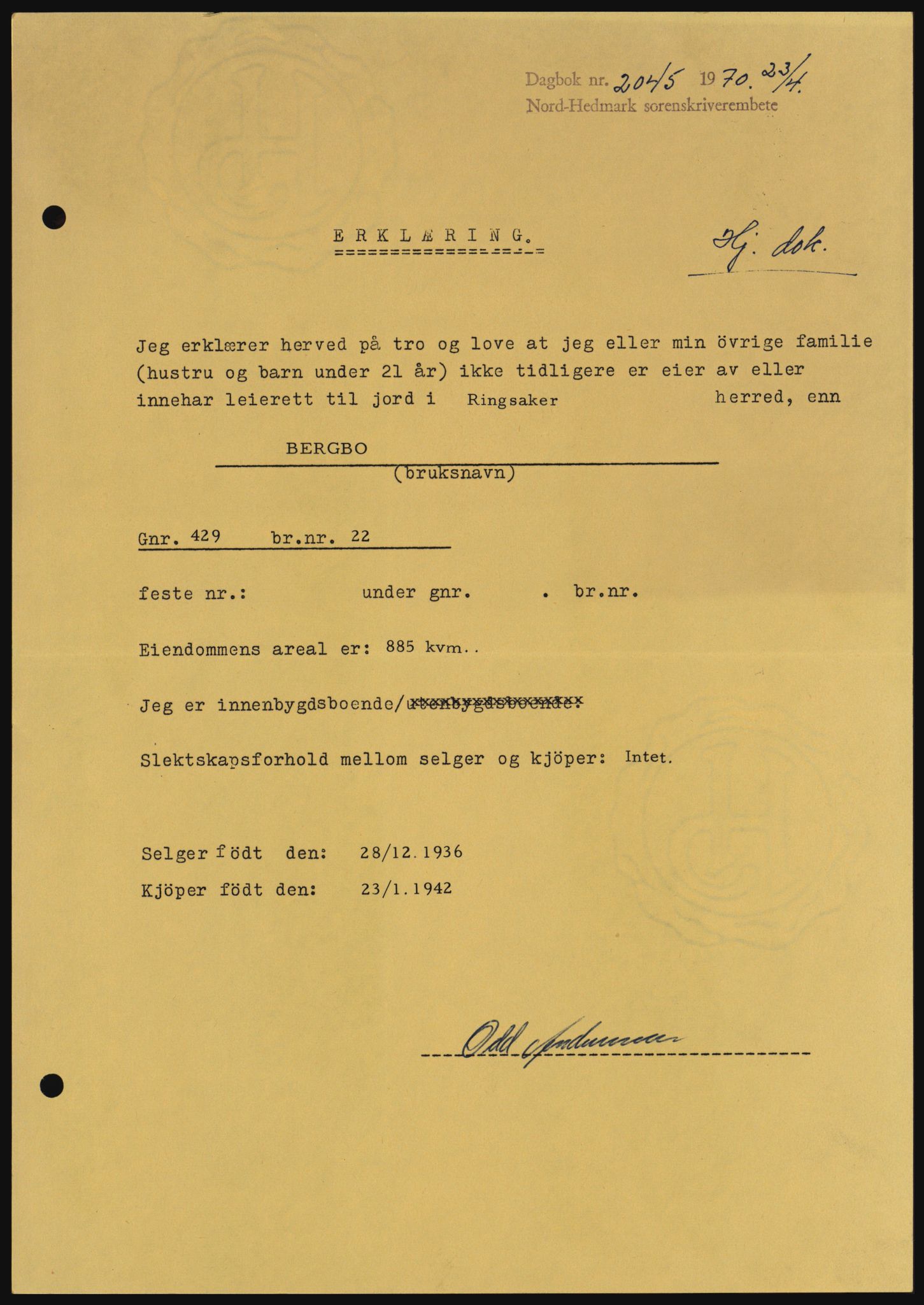 Nord-Hedmark sorenskriveri, SAH/TING-012/H/Hc/L0033: Mortgage book no. 33, 1970-1970, Diary no: : 2045/1970