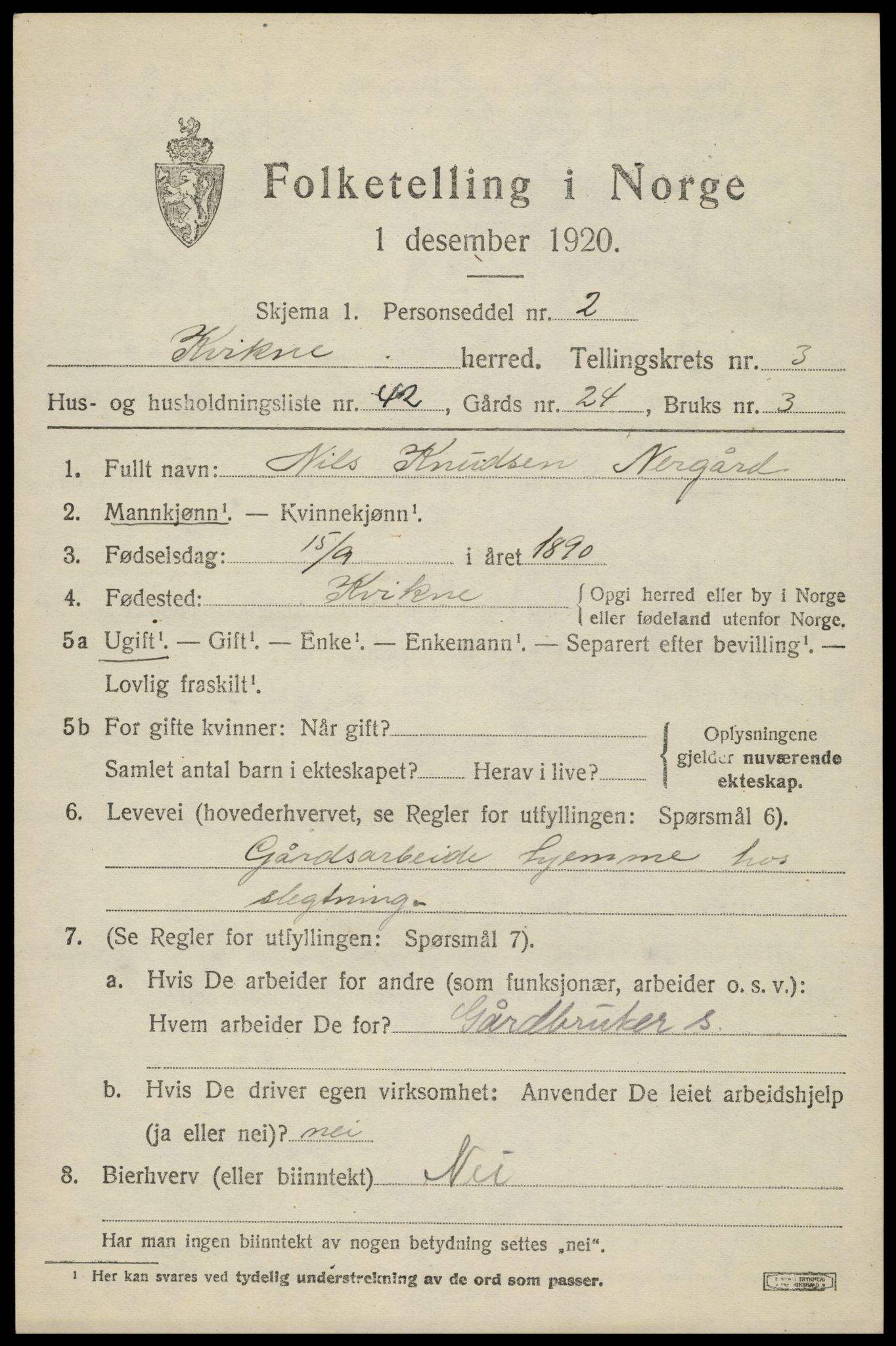 SAH, 1920 census for Kvikne, 1920, p. 1596