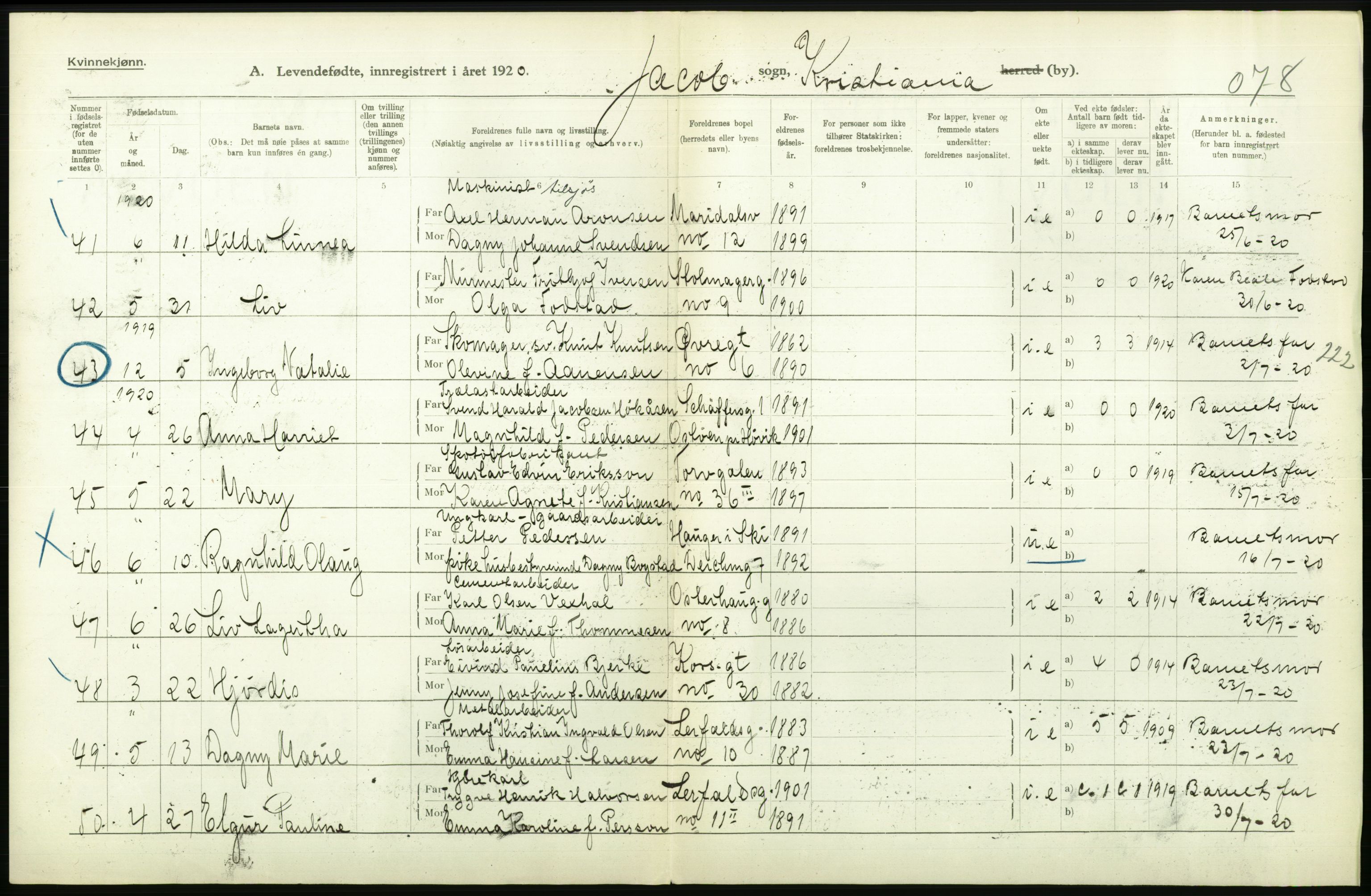 Statistisk sentralbyrå, Sosiodemografiske emner, Befolkning, AV/RA-S-2228/D/Df/Dfb/Dfbj/L0008: Kristiania: Levendefødte menn og kvinner., 1920, p. 518