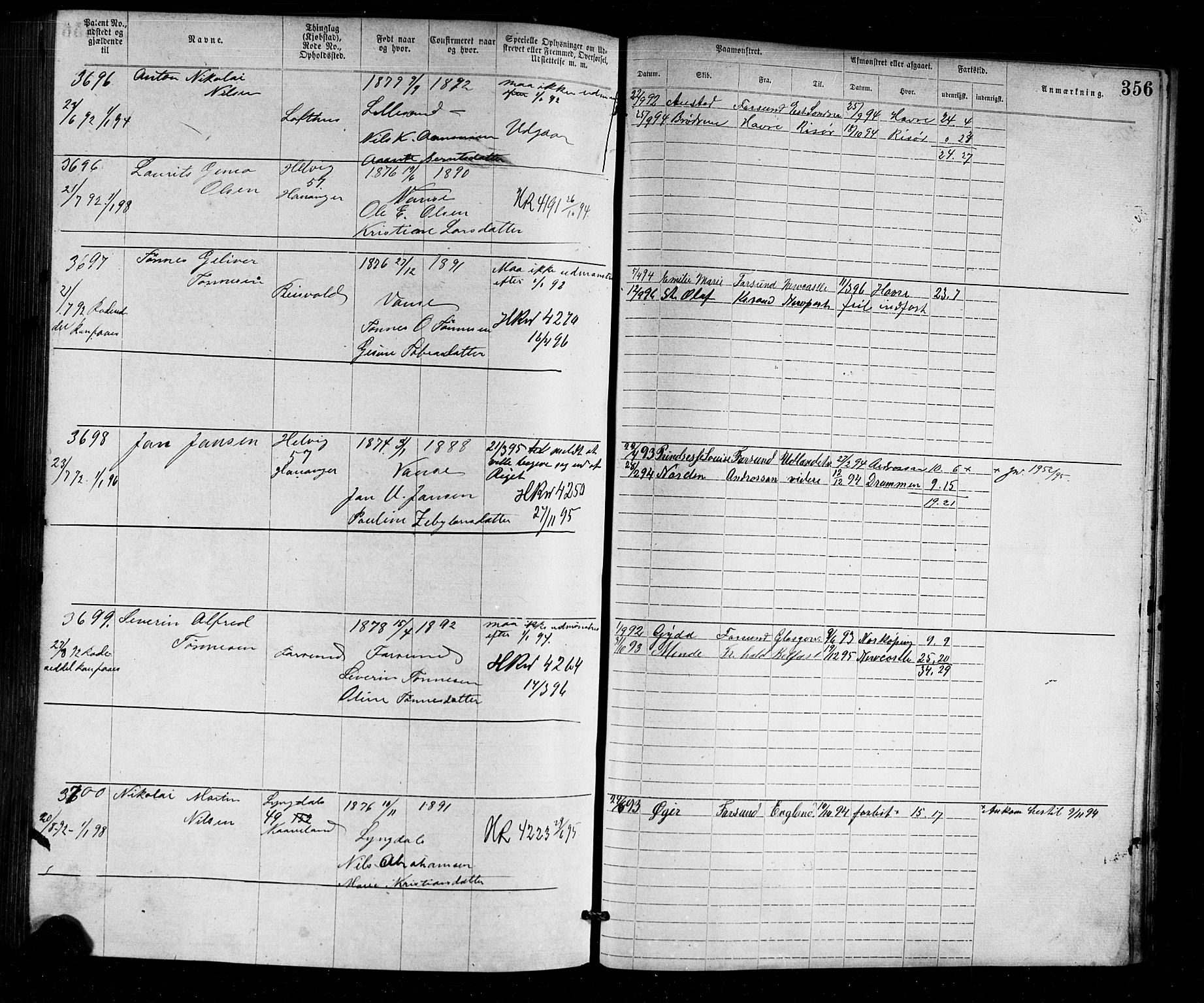 Farsund mønstringskrets, AV/SAK-2031-0017/F/Fa/L0002: Annotasjonsrulle nr 1921-3815 med register, M-2, 1877-1894, p. 391