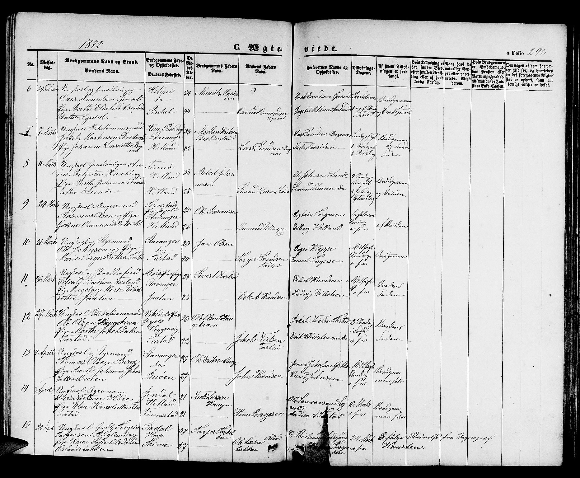 Hetland sokneprestkontor, SAST/A-101826/30/30BB/L0003: Parish register (copy) no. B 3, 1863-1877, p. 292