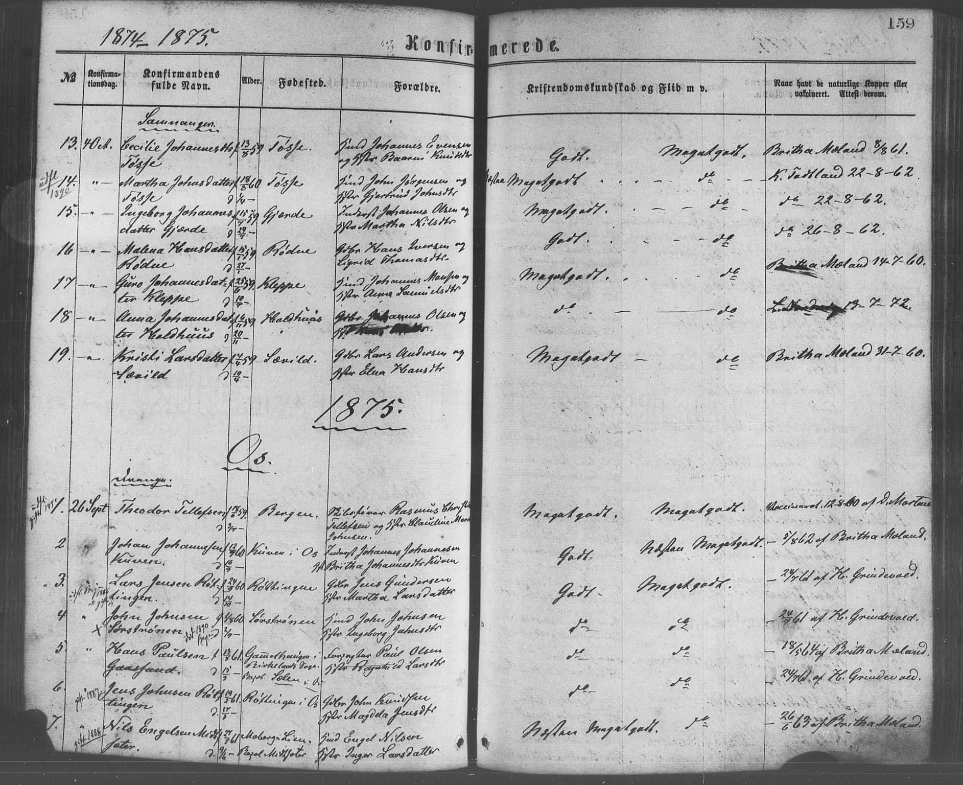 Os sokneprestembete, SAB/A-99929: Parish register (official) no. A 18, 1874-1884, p. 159