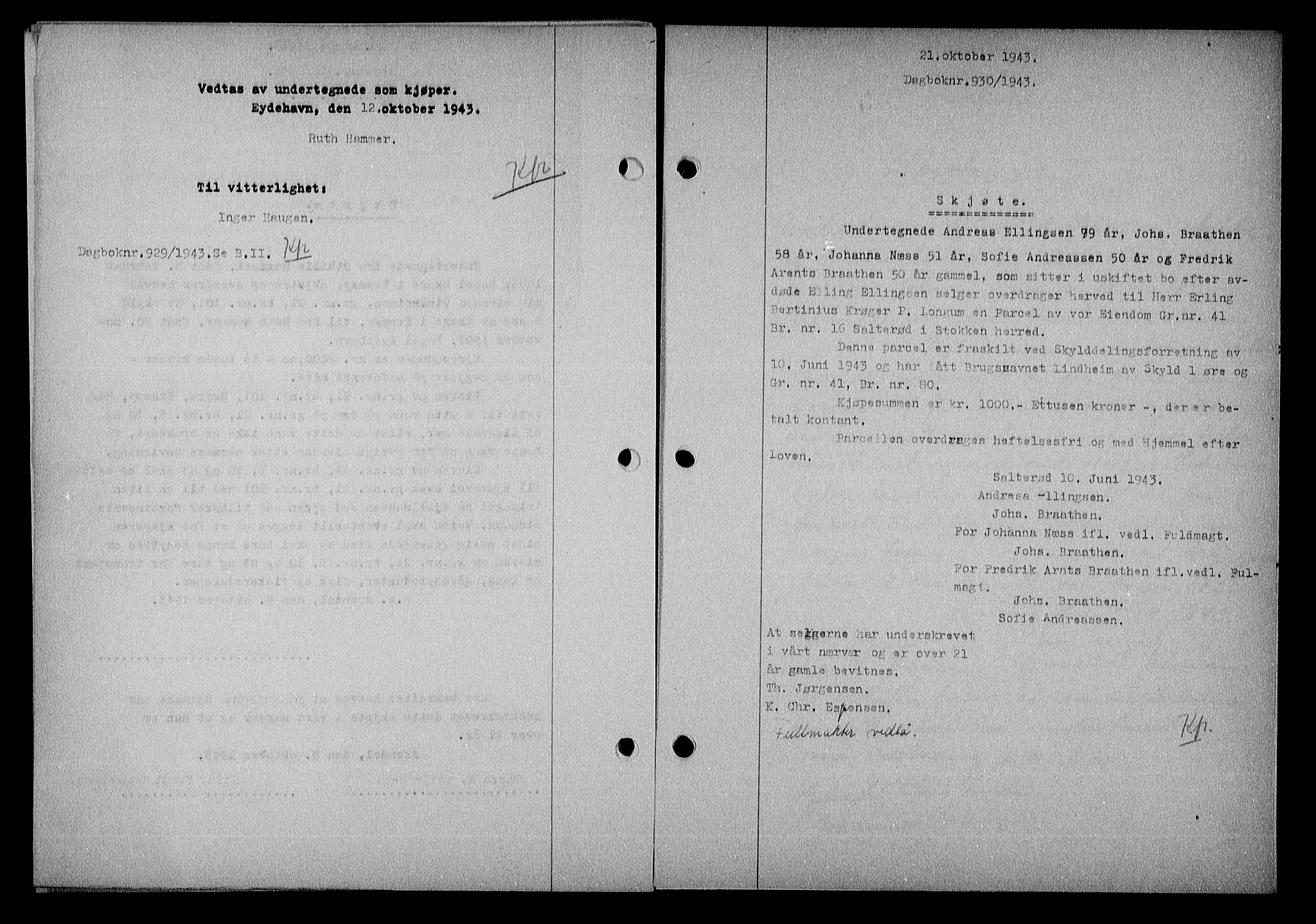 Nedenes sorenskriveri, SAK/1221-0006/G/Gb/Gba/L0051: Mortgage book no. A-V, 1943-1944, Diary no: : 930/1943