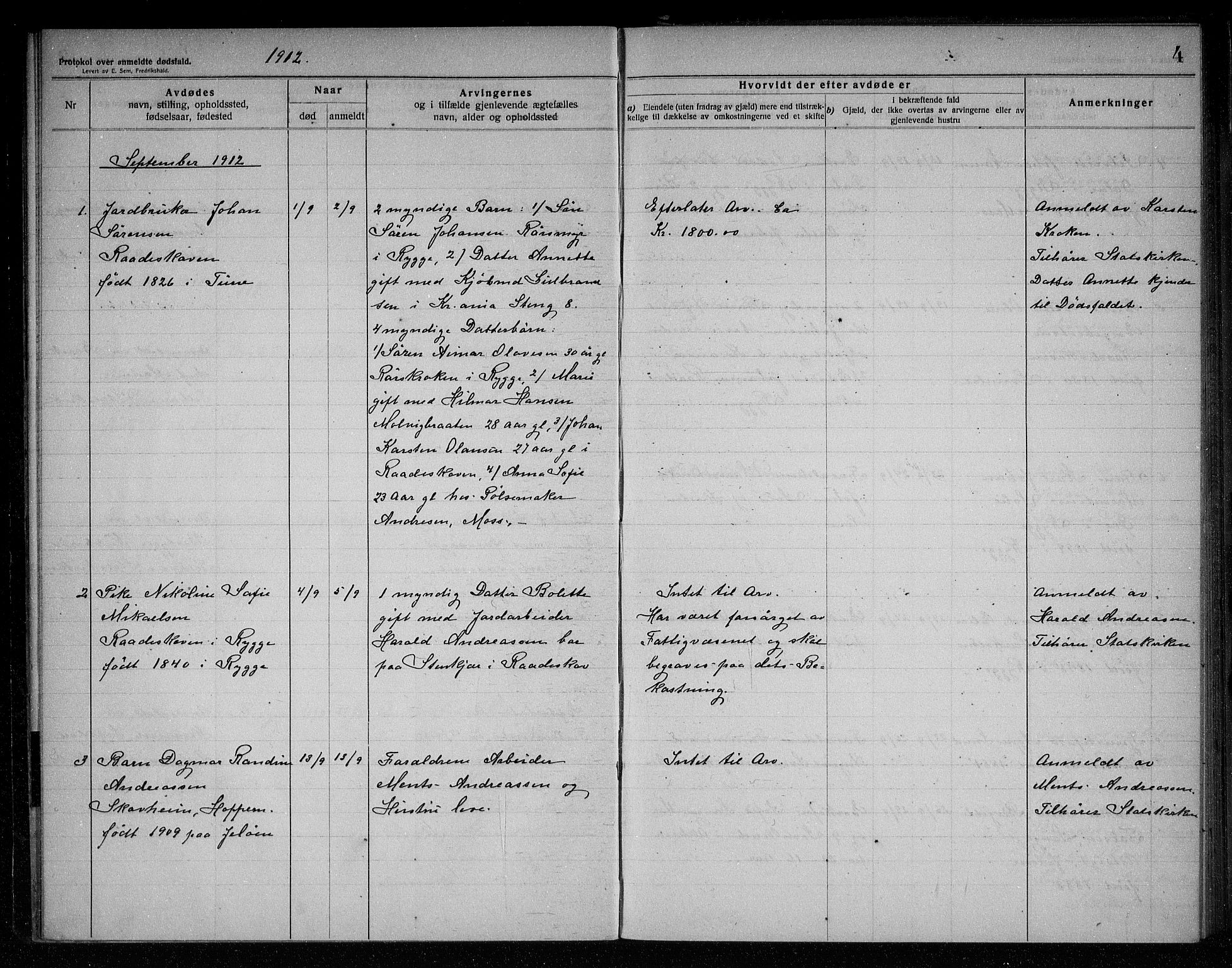 Rygge lensmannskontor, SAO/A-10005/H/Ha/Haa/L0005: Dødsfallsprotokoll, 1912-1916, p. 4