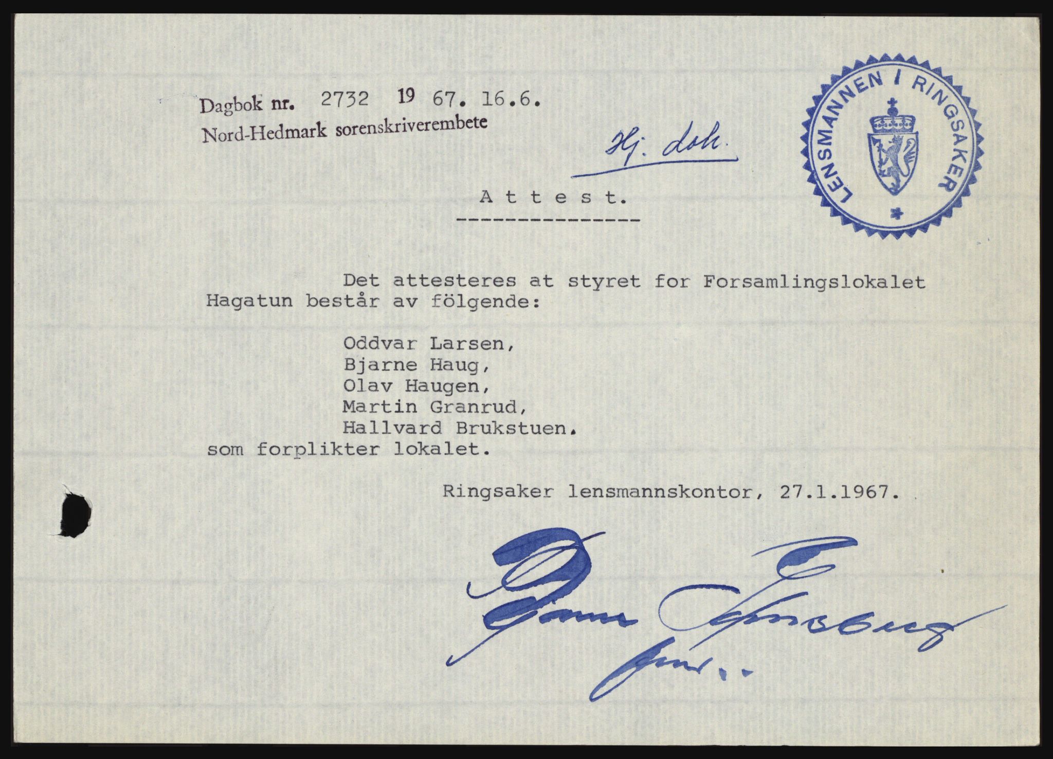 Nord-Hedmark sorenskriveri, SAH/TING-012/H/Hc/L0026: Mortgage book no. 26, 1967-1967, Diary no: : 2732/1967