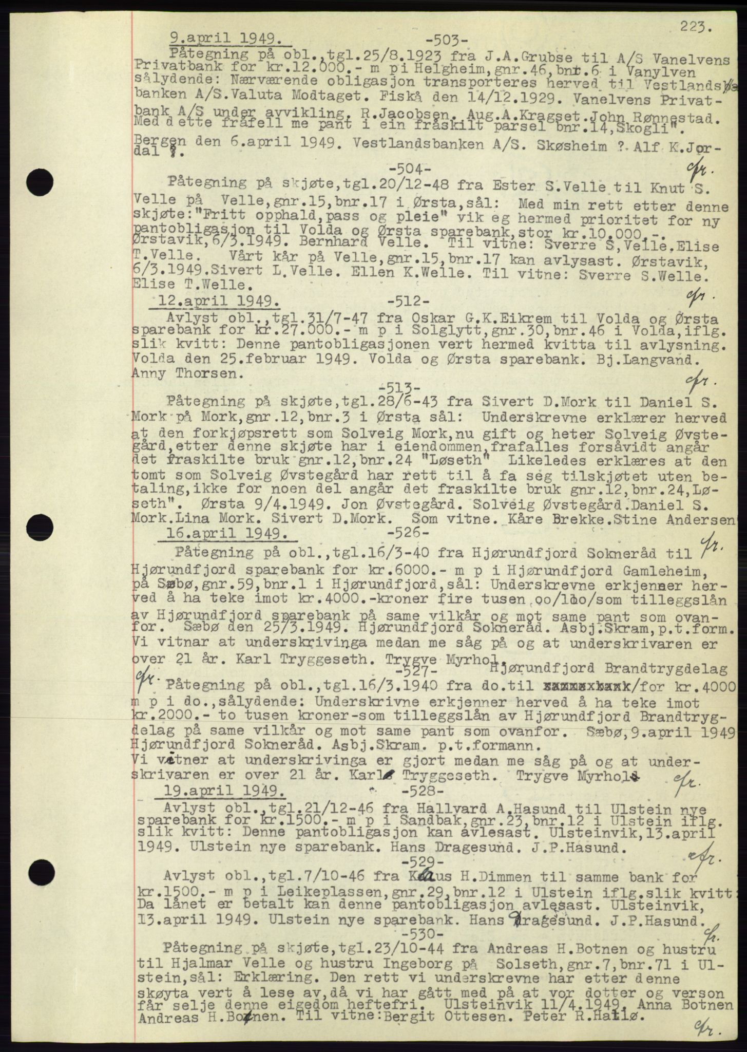 Søre Sunnmøre sorenskriveri, AV/SAT-A-4122/1/2/2C/L0072: Mortgage book no. 66, 1941-1955, Diary no: : 503/1949