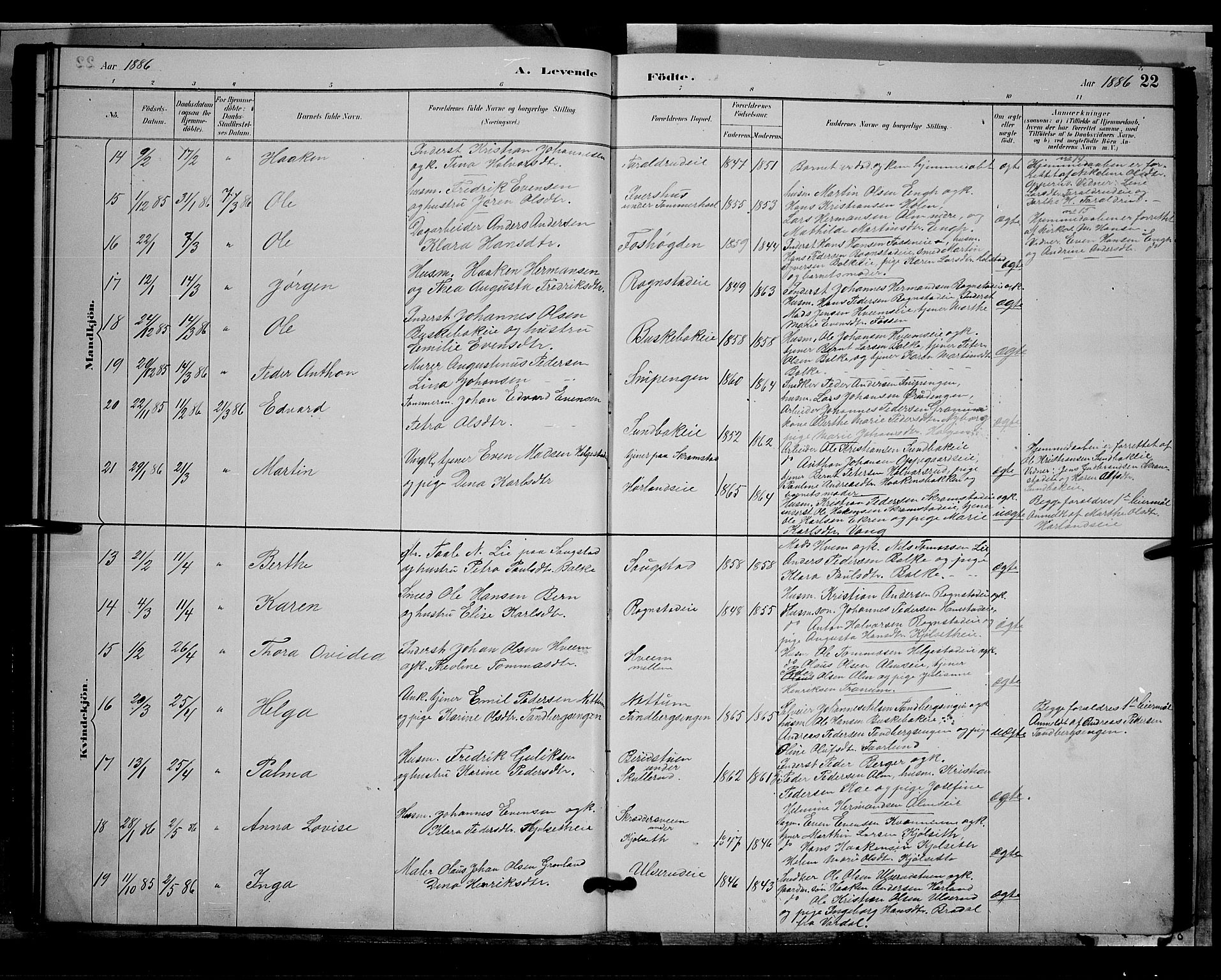 Østre Toten prestekontor, AV/SAH-PREST-104/H/Ha/Hab/L0005: Parish register (copy) no. 5, 1884-1893, p. 22