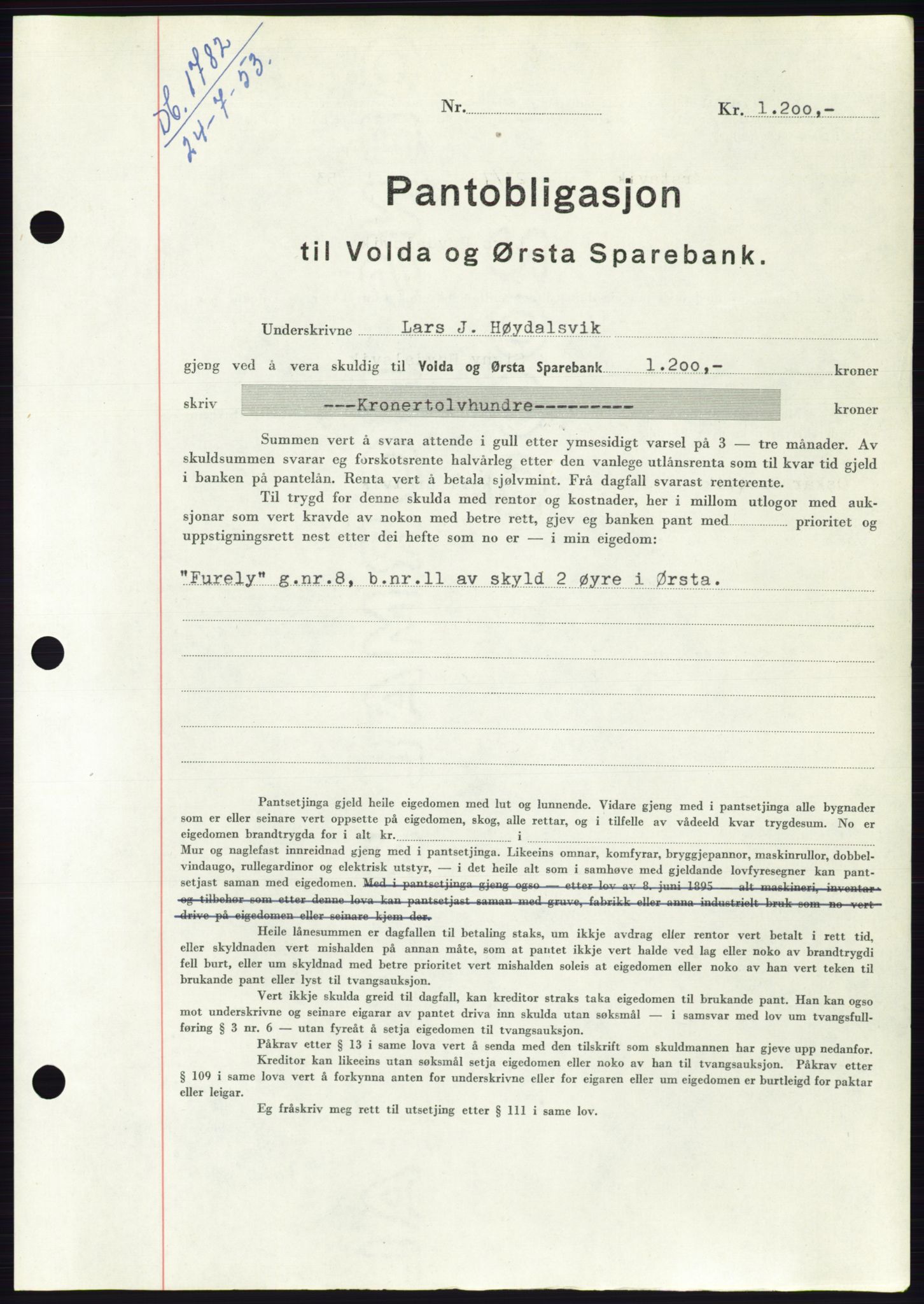 Søre Sunnmøre sorenskriveri, AV/SAT-A-4122/1/2/2C/L0123: Mortgage book no. 11B, 1953-1953, Diary no: : 1782/1953