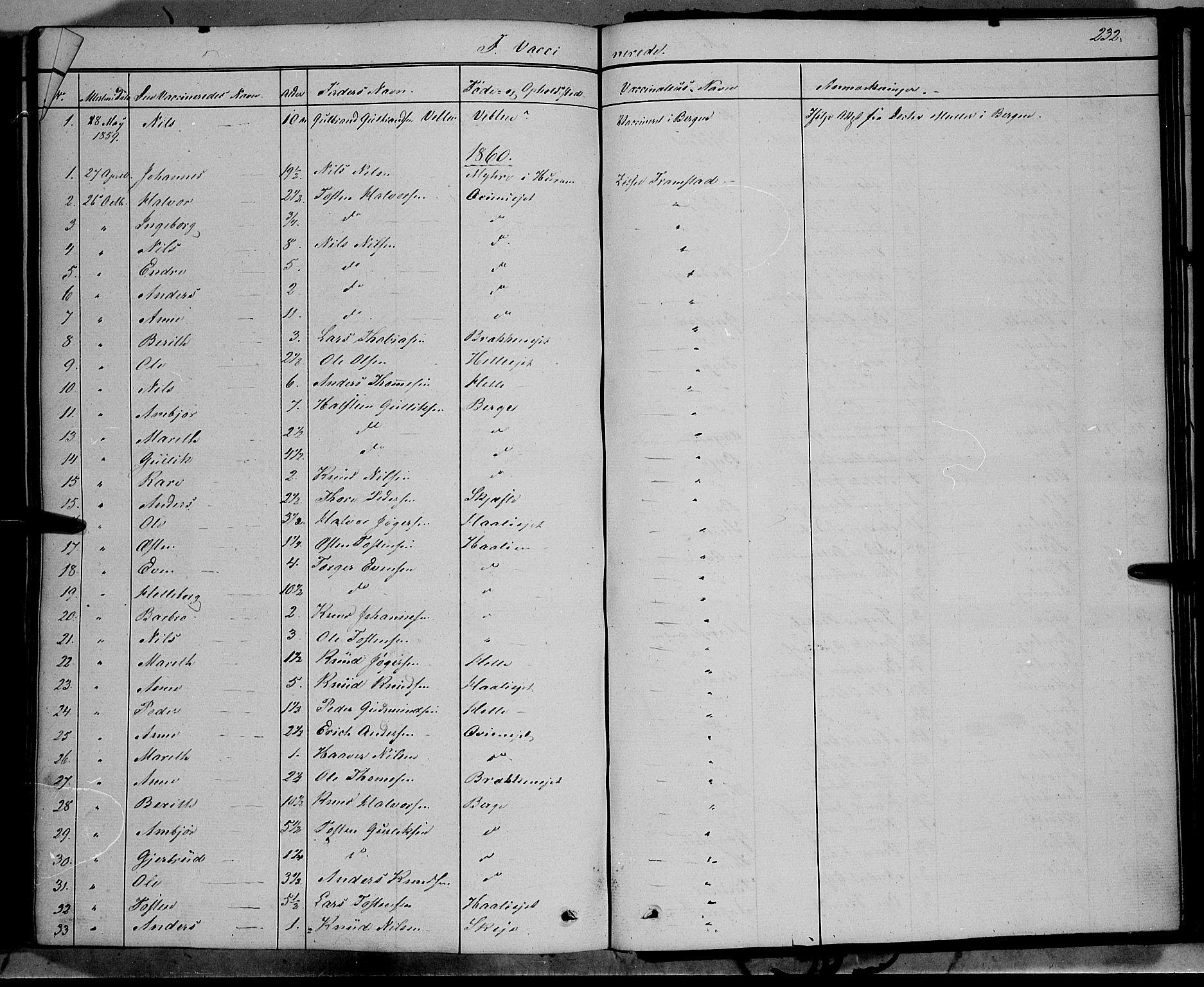 Vang prestekontor, Valdres, SAH/PREST-140/H/Ha/L0006: Parish register (official) no. 6, 1846-1864, p. 232