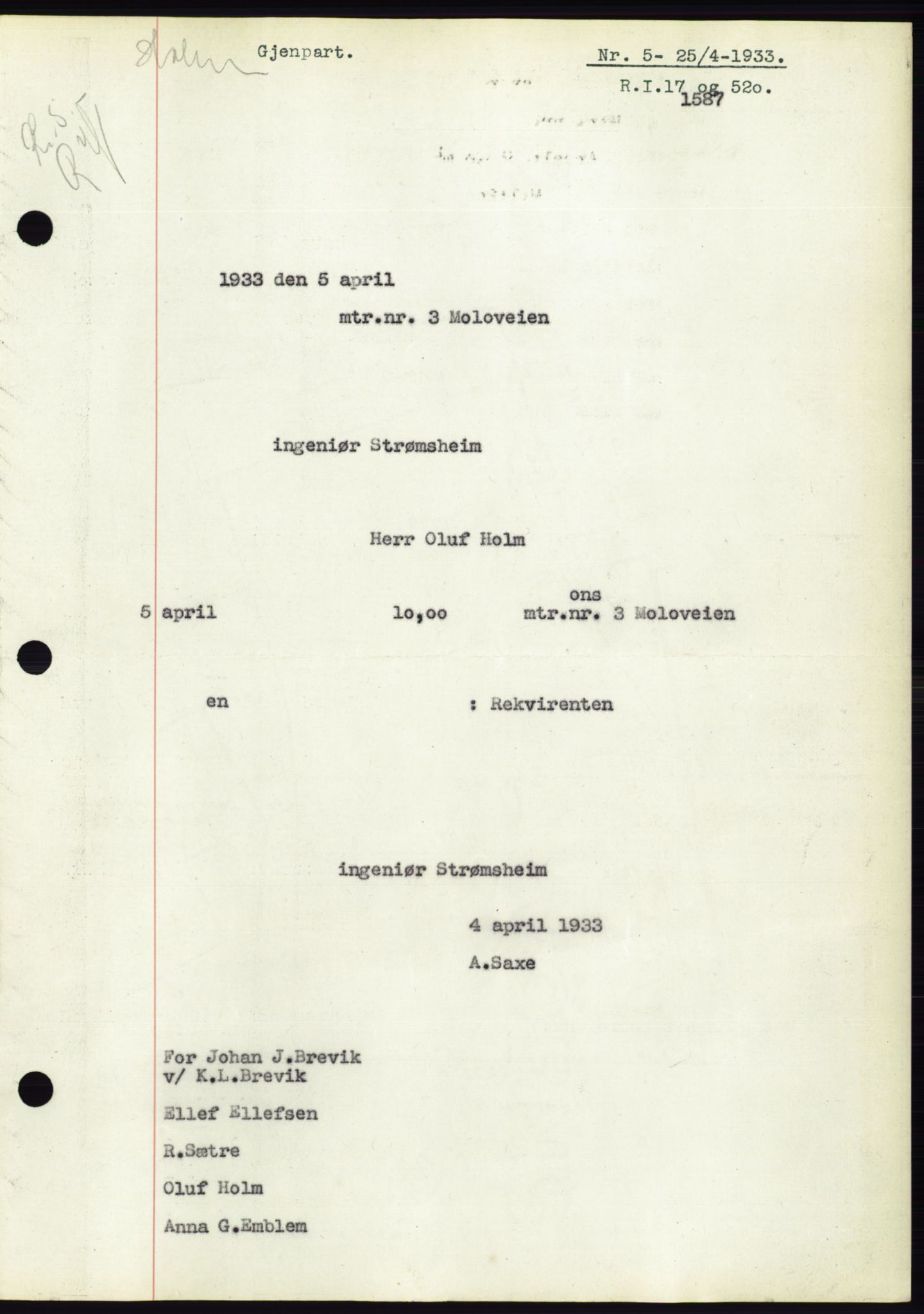 Ålesund byfogd, AV/SAT-A-4384: Mortgage book no. 30, 1932-1933, Deed date: 25.04.1933