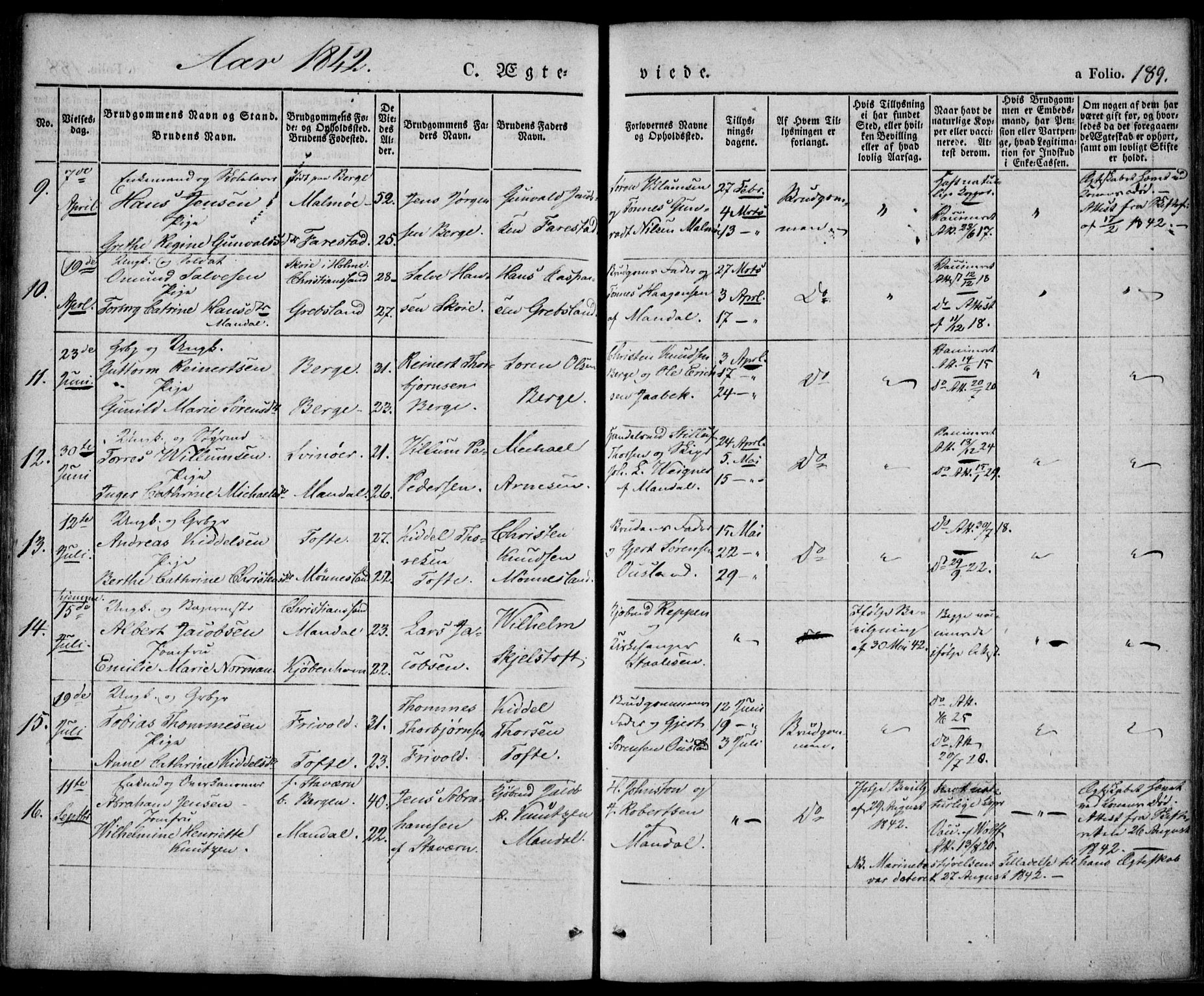 Mandal sokneprestkontor, AV/SAK-1111-0030/F/Fa/Faa/L0012: Parish register (official) no. A 12, 1840-1847, p. 189