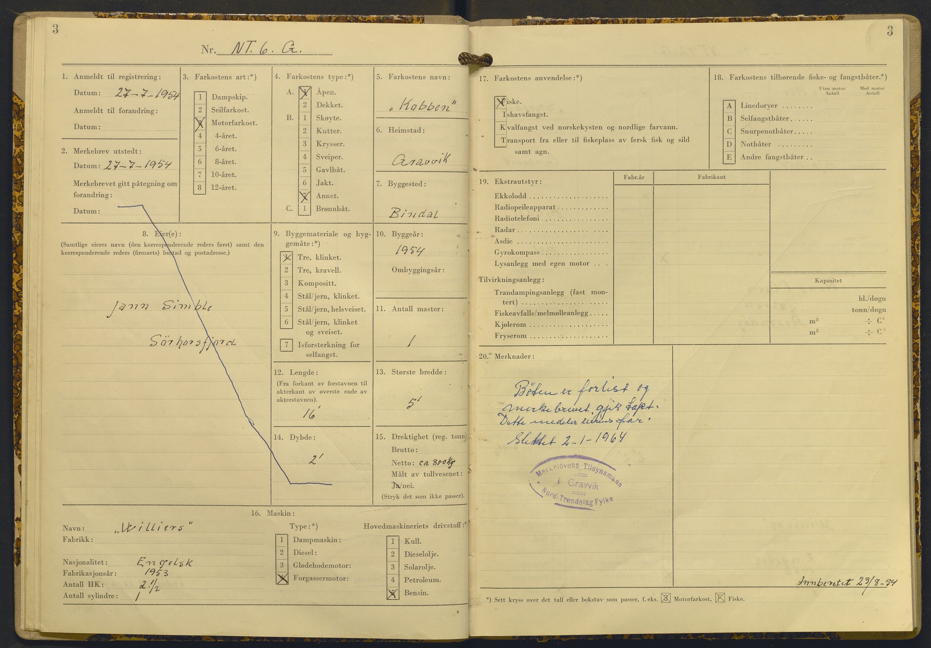 Fiskeridirektoratet - 1 Adm. ledelse - 13 Båtkontoret, AV/SAB-A-2003/I/Ia/Iad/L0014: 135.0408/3 Merkeprotokoll - Gravvik, 1954-1962
