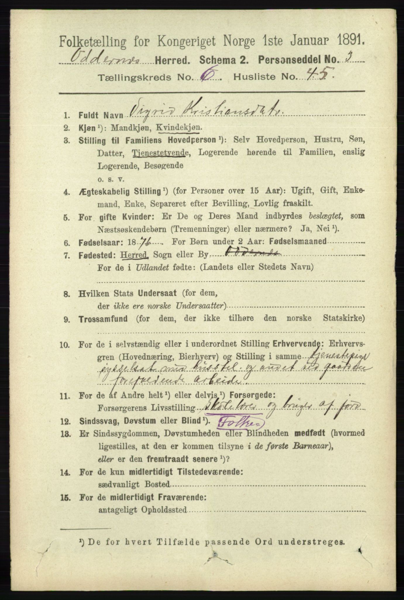 RA, 1891 census for 1012 Oddernes, 1891, p. 2445