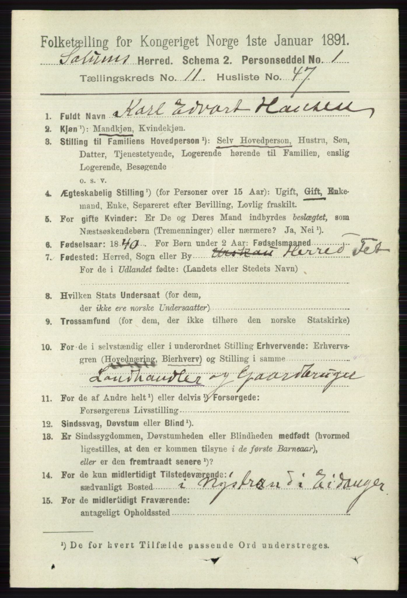 RA, 1891 census for 0818 Solum, 1891, p. 5539