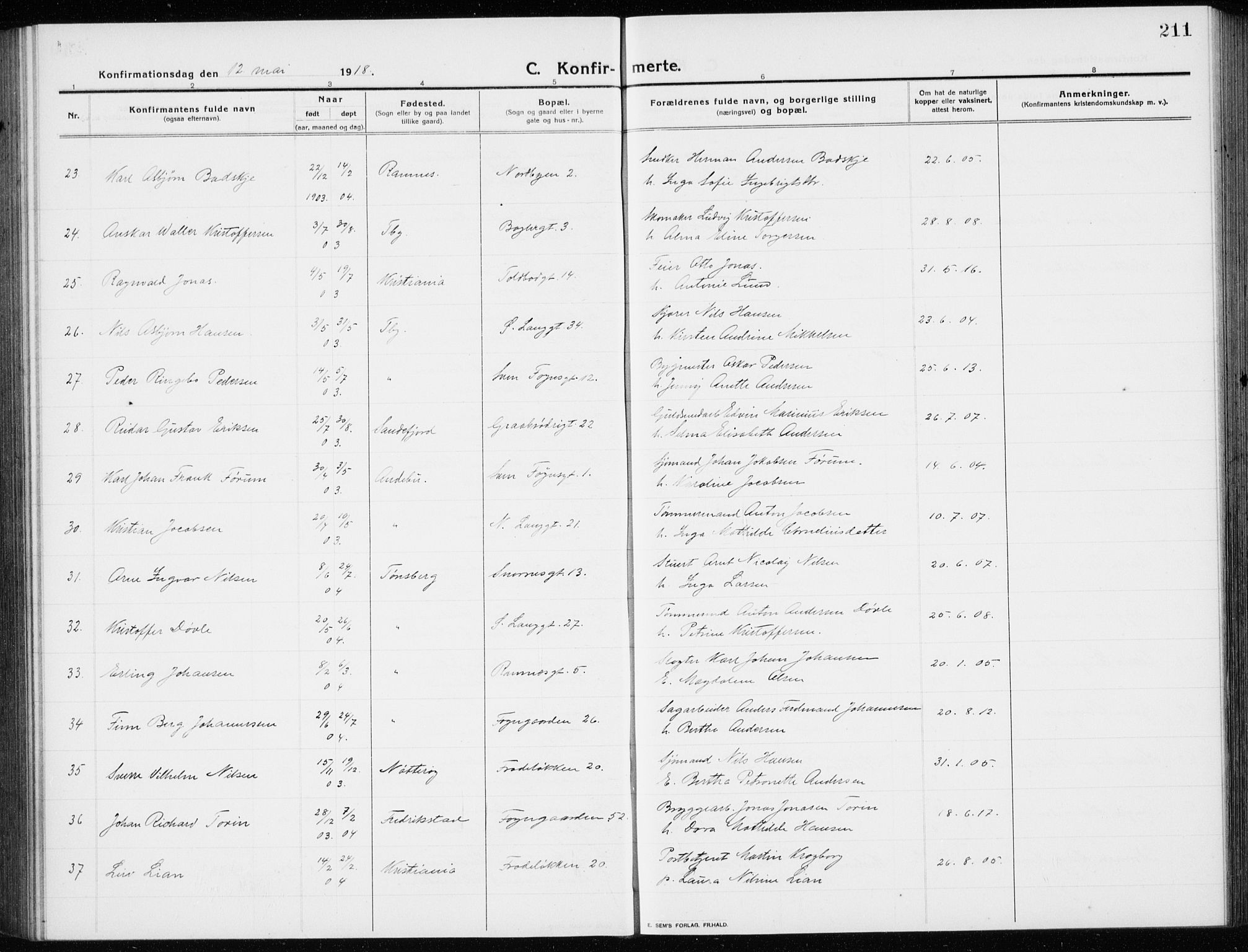 Tønsberg kirkebøker, AV/SAKO-A-330/G/Ga/L0009: Parish register (copy) no. 9, 1913-1920, p. 211