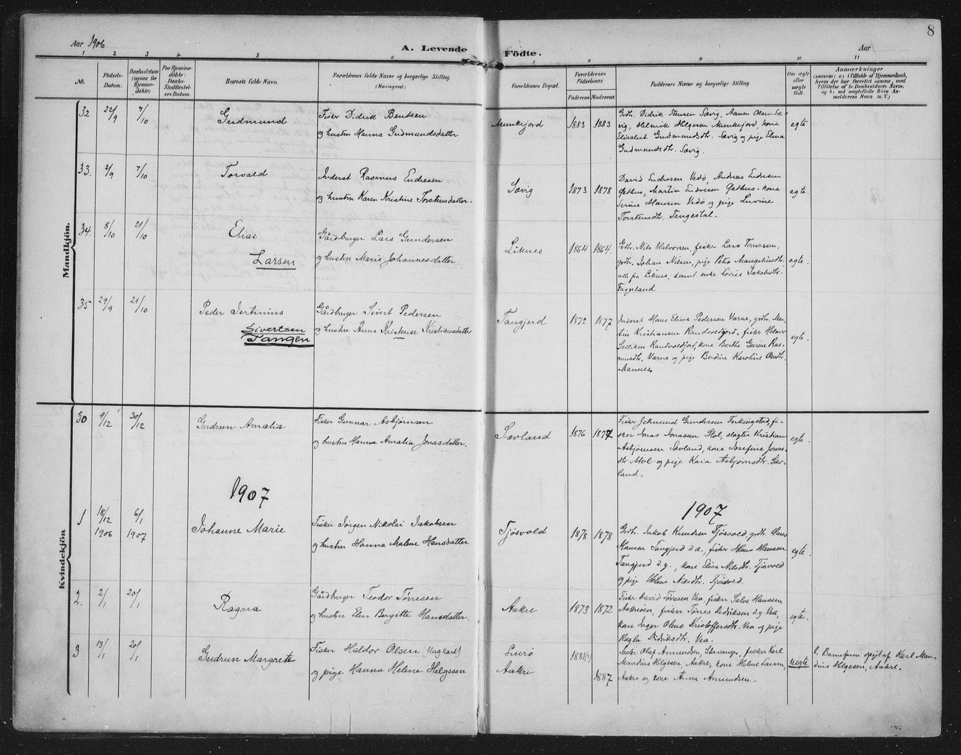 Kopervik sokneprestkontor, AV/SAST-A-101850/H/Ha/Haa/L0005: Parish register (official) no. A 5, 1906-1924, p. 8