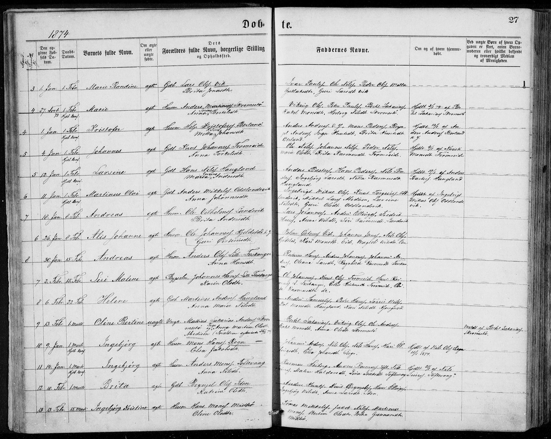 Herdla Sokneprestembete, AV/SAB-A-75701/H/Haa: Parish register (official) no. A 2, 1869-1877, p. 27