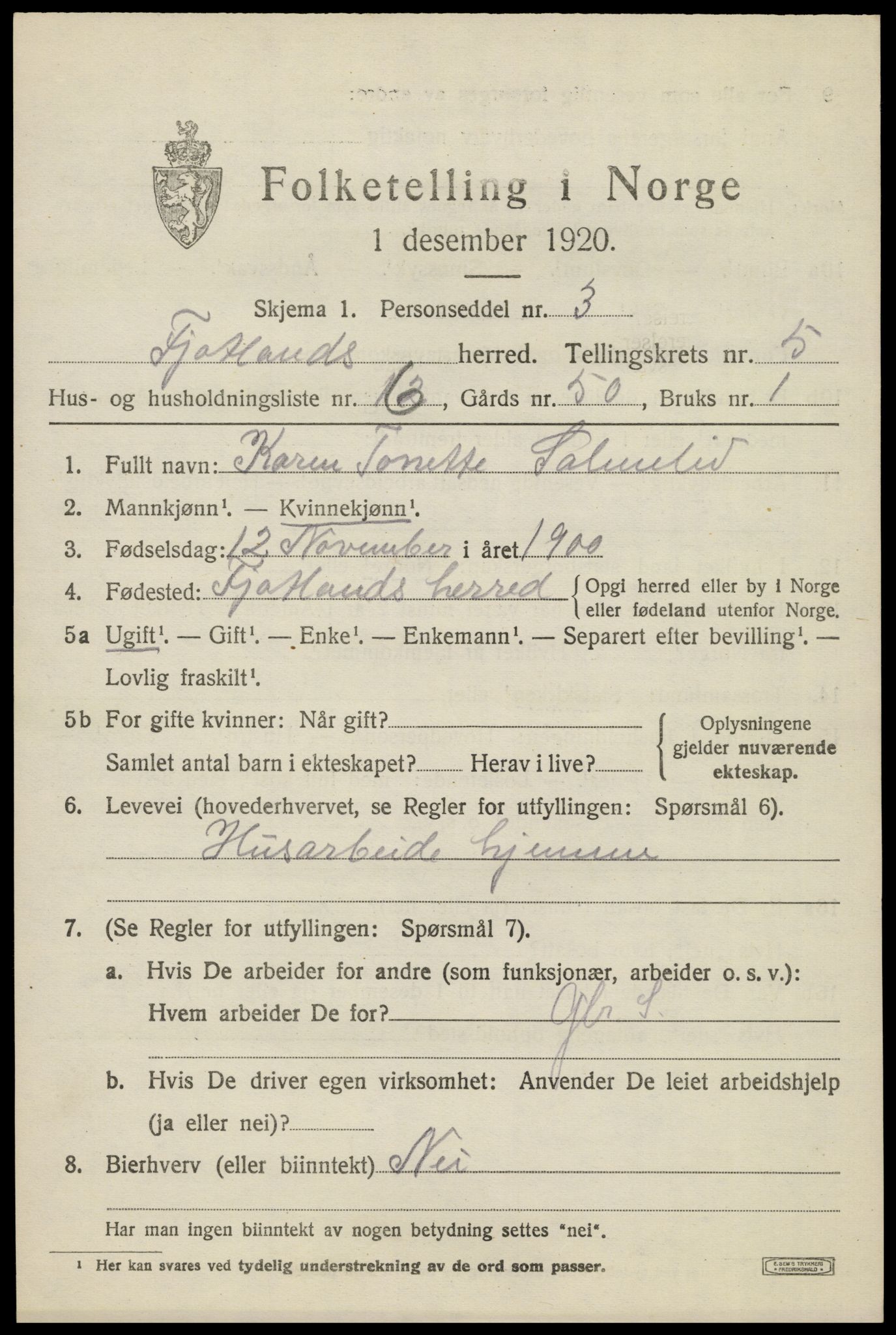 SAK, 1920 census for Fjotland, 1920, p. 1592