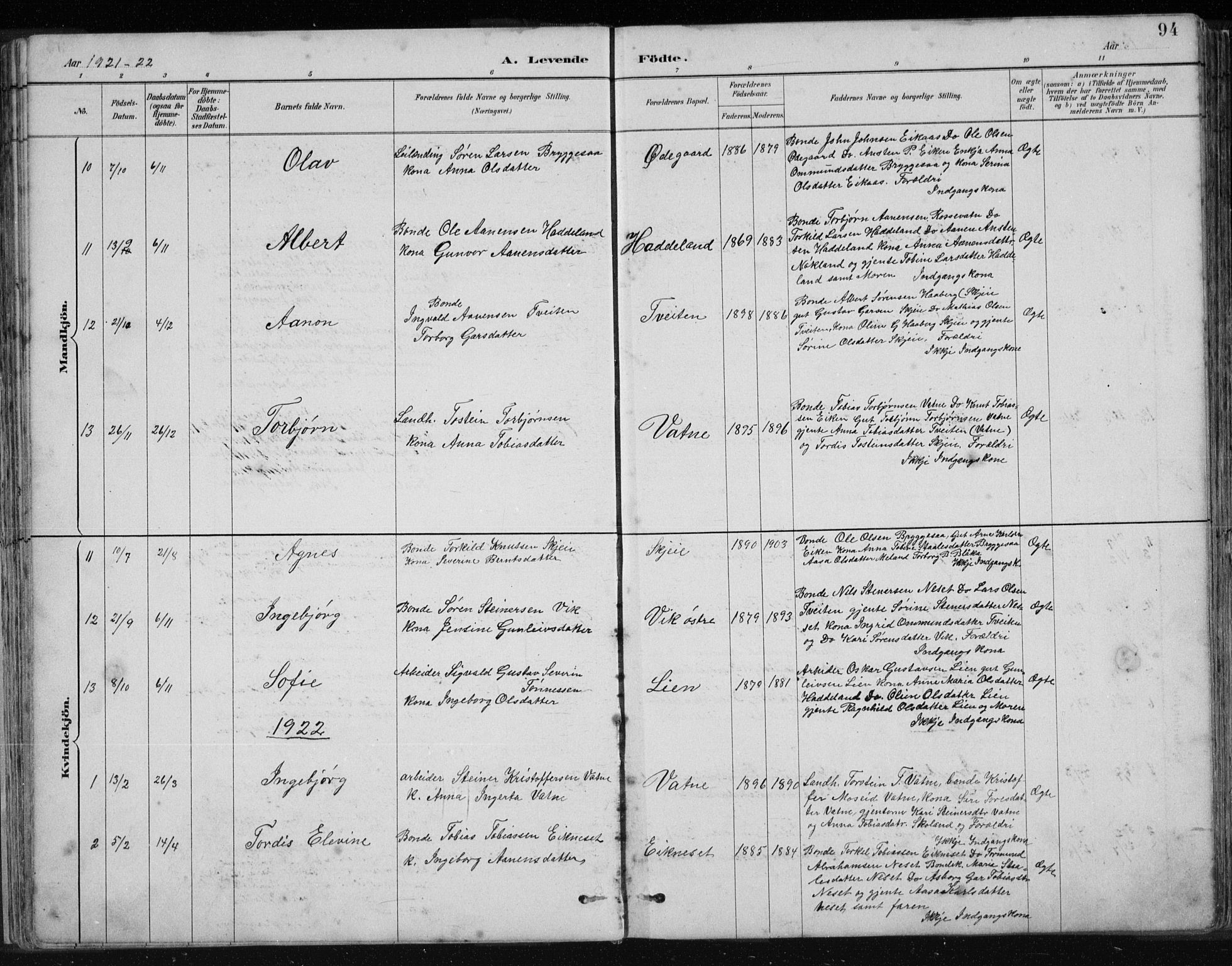 Hægebostad sokneprestkontor, SAK/1111-0024/F/Fb/Fbb/L0003: Parish register (copy) no. B 3, 1887-1937, p. 94