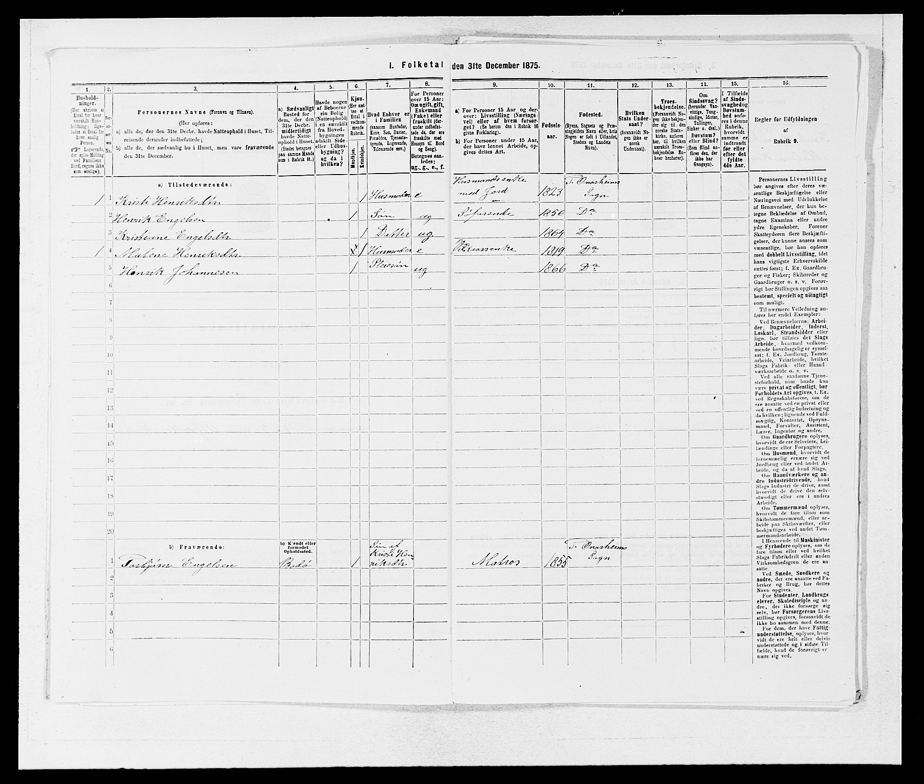 SAB, 1875 census for 1223P Tysnes, 1875, p. 1285