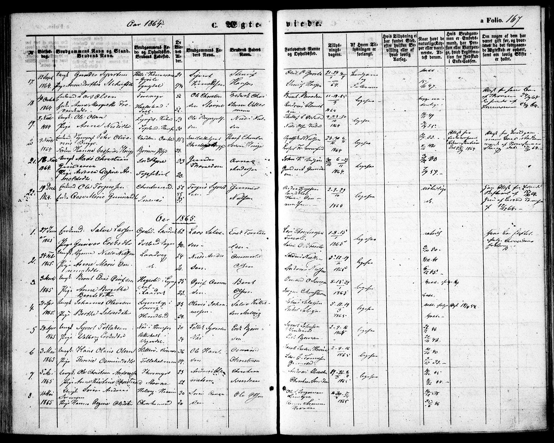 Hommedal sokneprestkontor, AV/SAK-1111-0023/F/Fa/Fab/L0005: Parish register (official) no. A 5, 1861-1877, p. 167