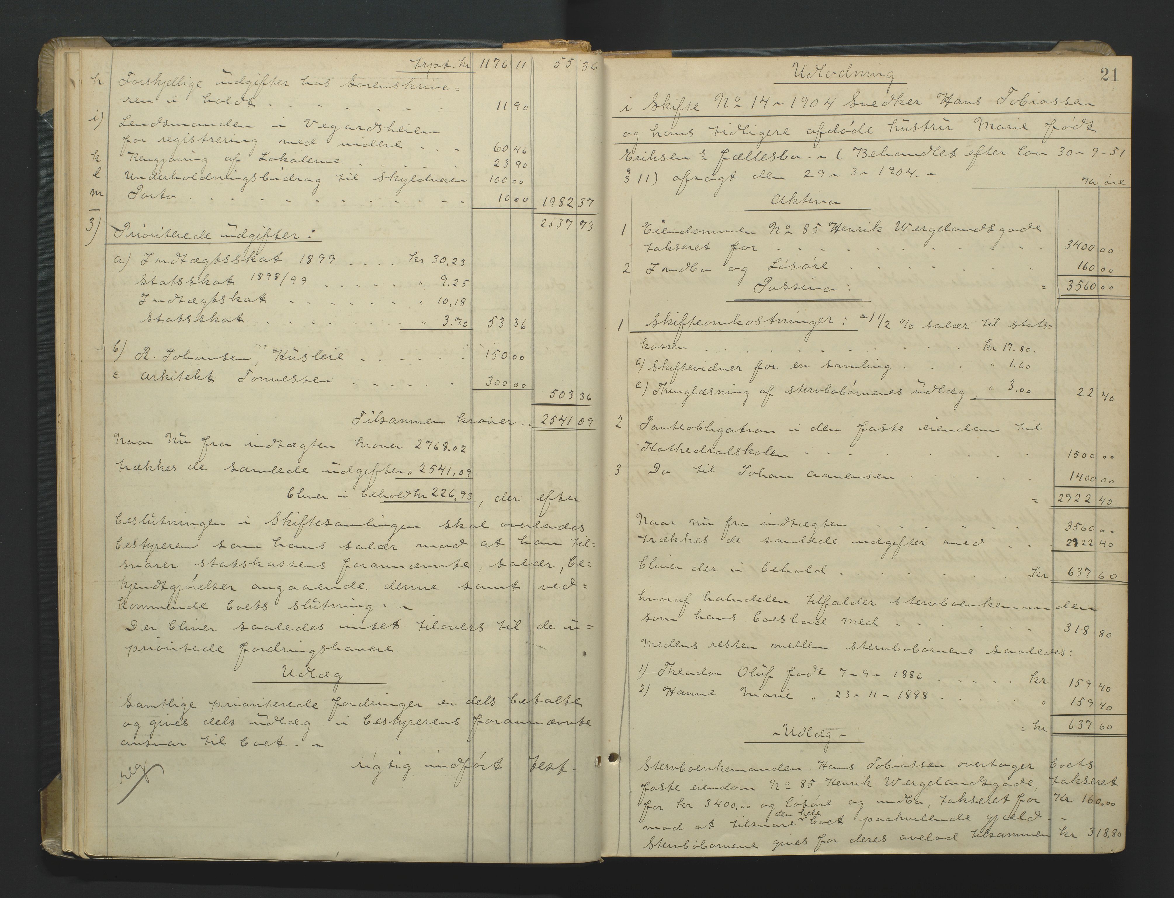 Kristiansand byrett, AV/SAK-1223-0001/H/Hc/L0060: Skifteutlodningsprotokoll nr. 6, med register, 1903-1916, p. 21