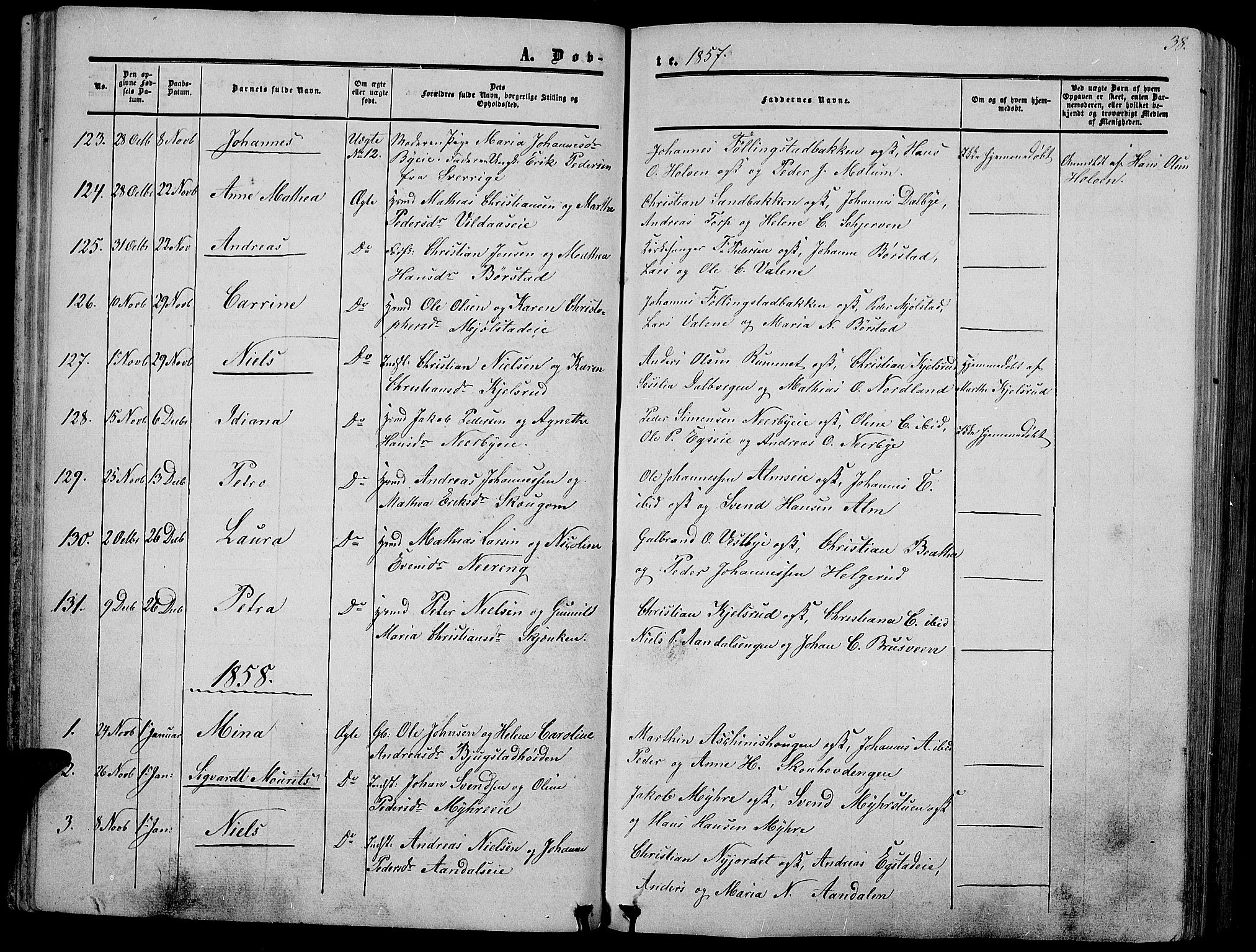 Vardal prestekontor, SAH/PREST-100/H/Ha/Hab/L0005: Parish register (copy) no. 5, 1854-1868, p. 38