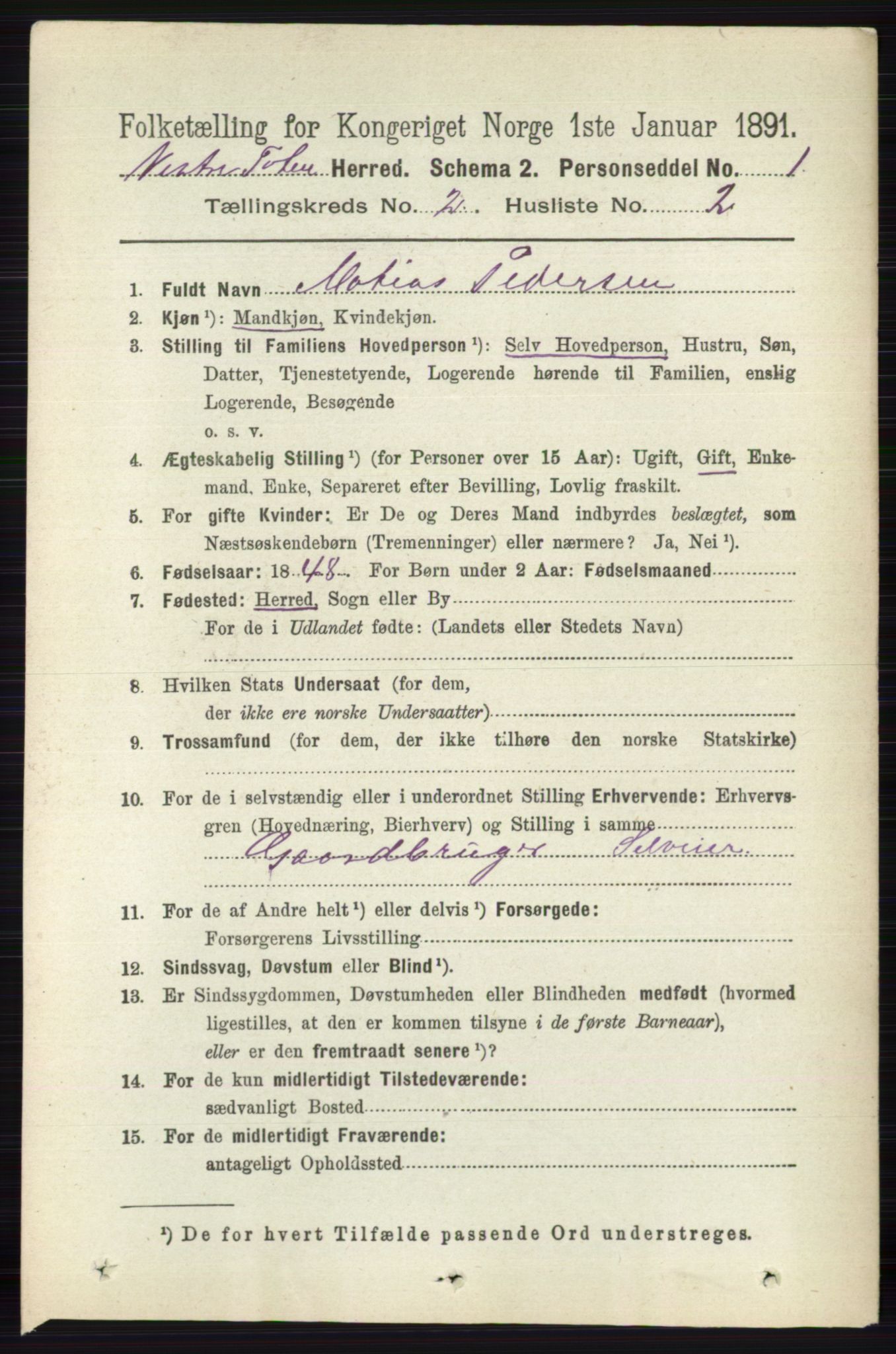 RA, 1891 census for 0529 Vestre Toten, 1891, p. 1375