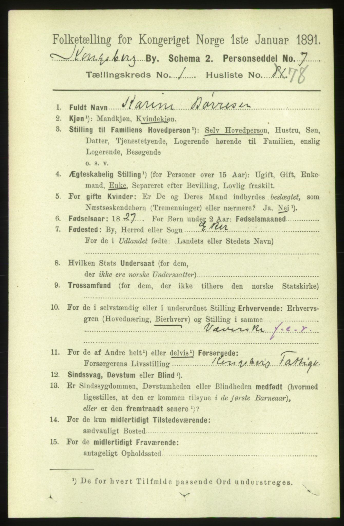 RA, 1891 census for 0604 Kongsberg, 1891, p. 2210