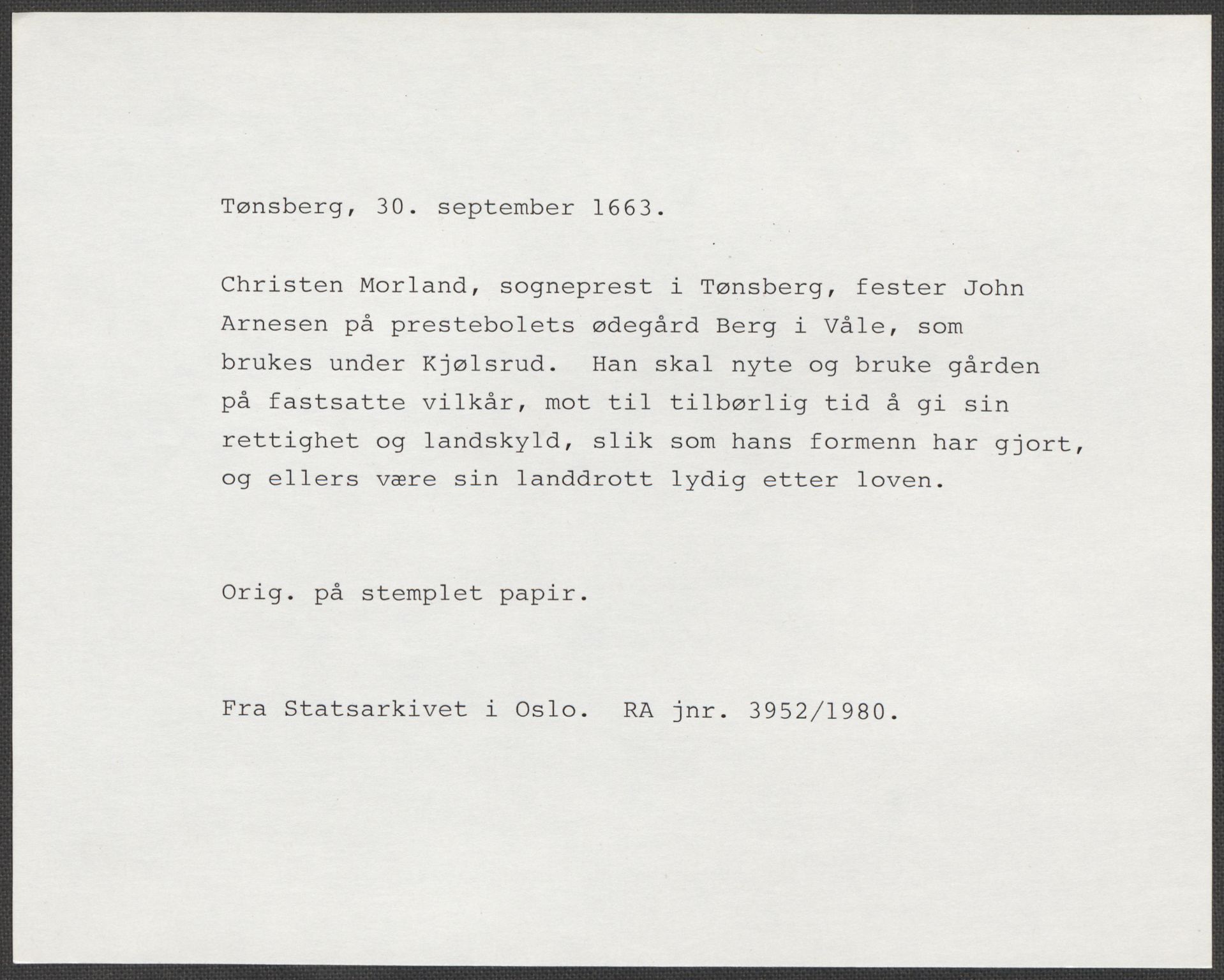 Riksarkivets diplomsamling, RA/EA-5965/F15/L0022: Prestearkiv - Vestfold, 1573-1670, p. 204