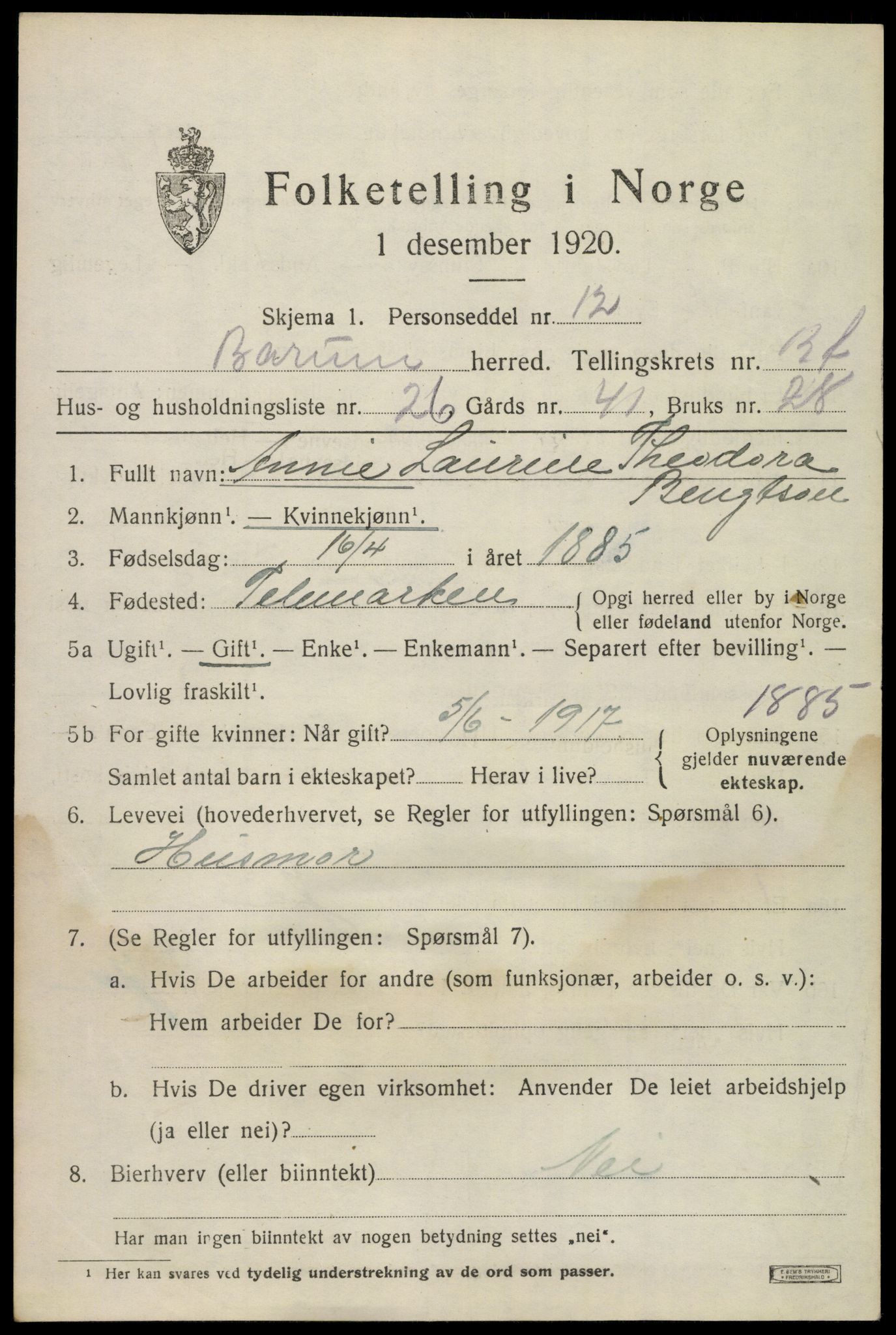 SAO, 1920 census for Bærum, 1920, p. 33010